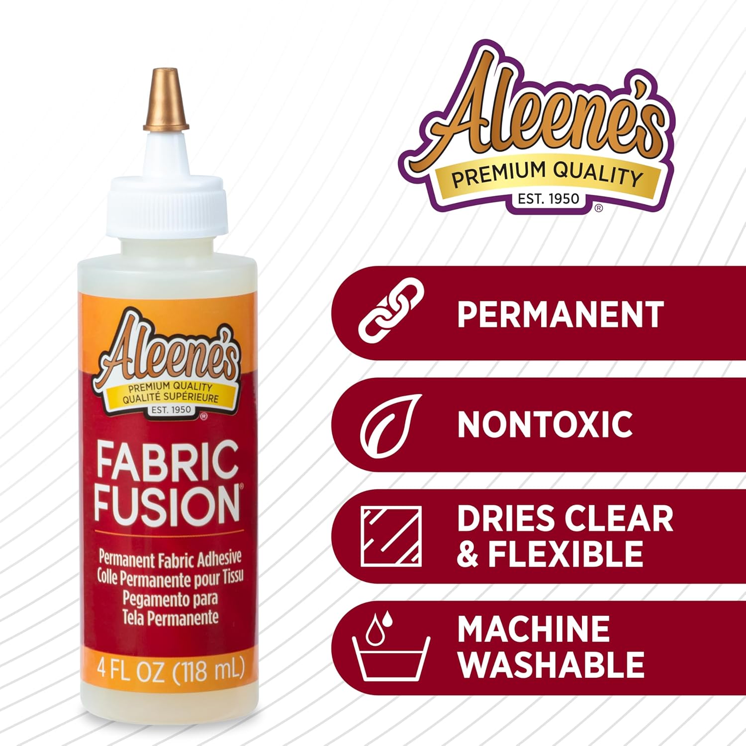 Highlights multiple key features of the fabric adhesive to demonstrate its versatility and safety for various crafting applications. Reinforces the brand's long-standing reputation and premium…