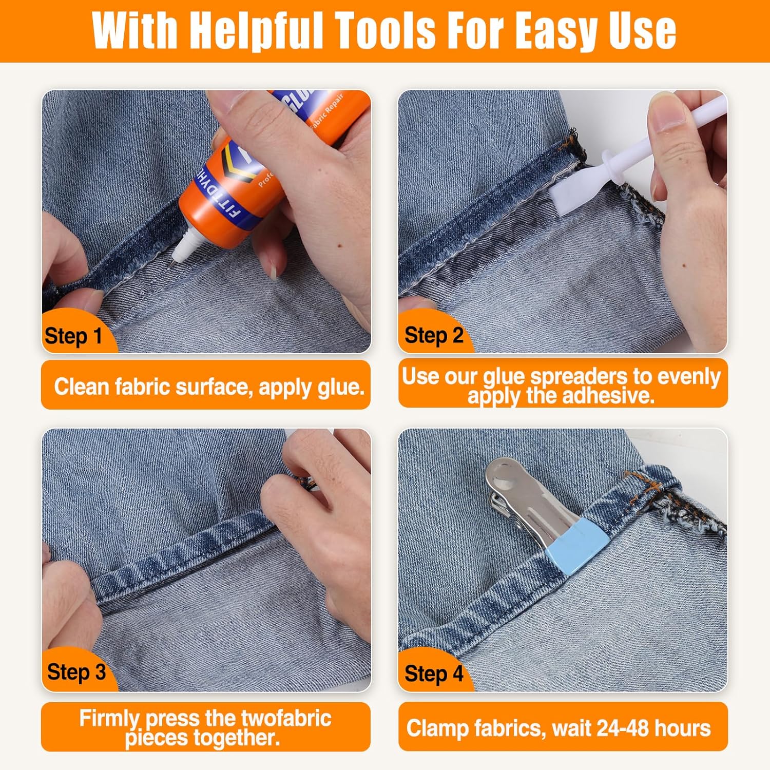 Demonstrates the step-by-step process of repairing fabric using the product, emphasizing ease of use and effectiveness.