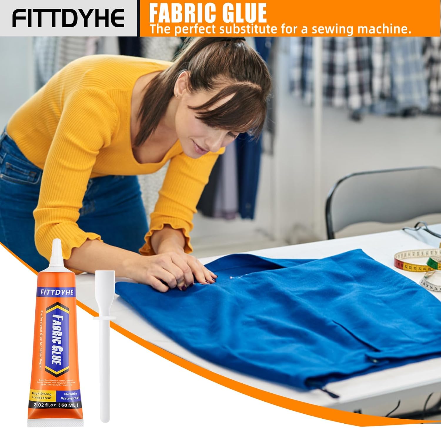 Highlights the fabric glue as an easy-to-use substitute for a sewing machine, appealing to those who want to avoid complex sewing tasks.