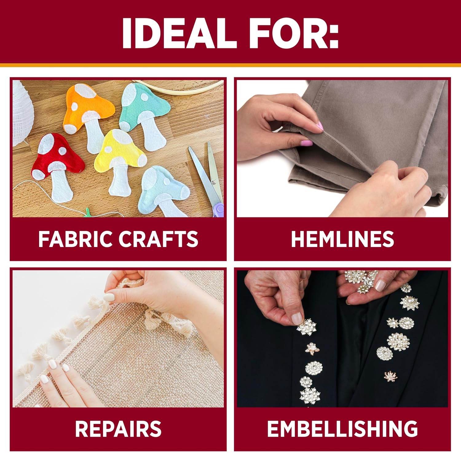 Demonstrates the versatility of the product by showcasing different sewing and crafting applications it can be used for.