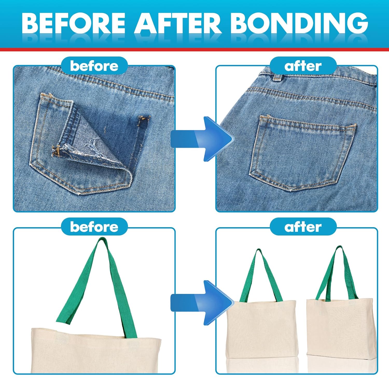Demonstrates the effectiveness of a bonding product in repairing torn jeans and fixing a detached bag handle.