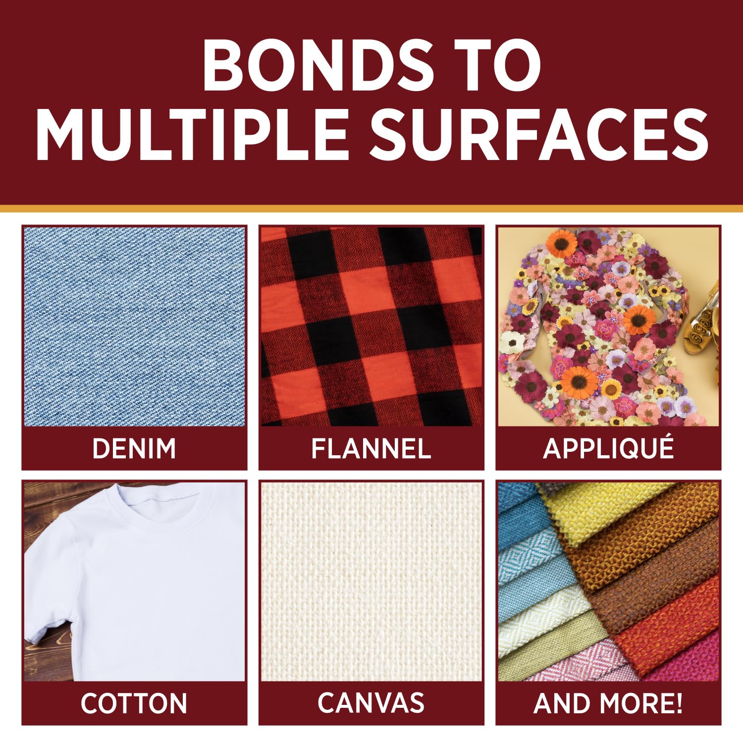 Demonstrates the versatility of the product by showing it can bond to various fabric surfaces.