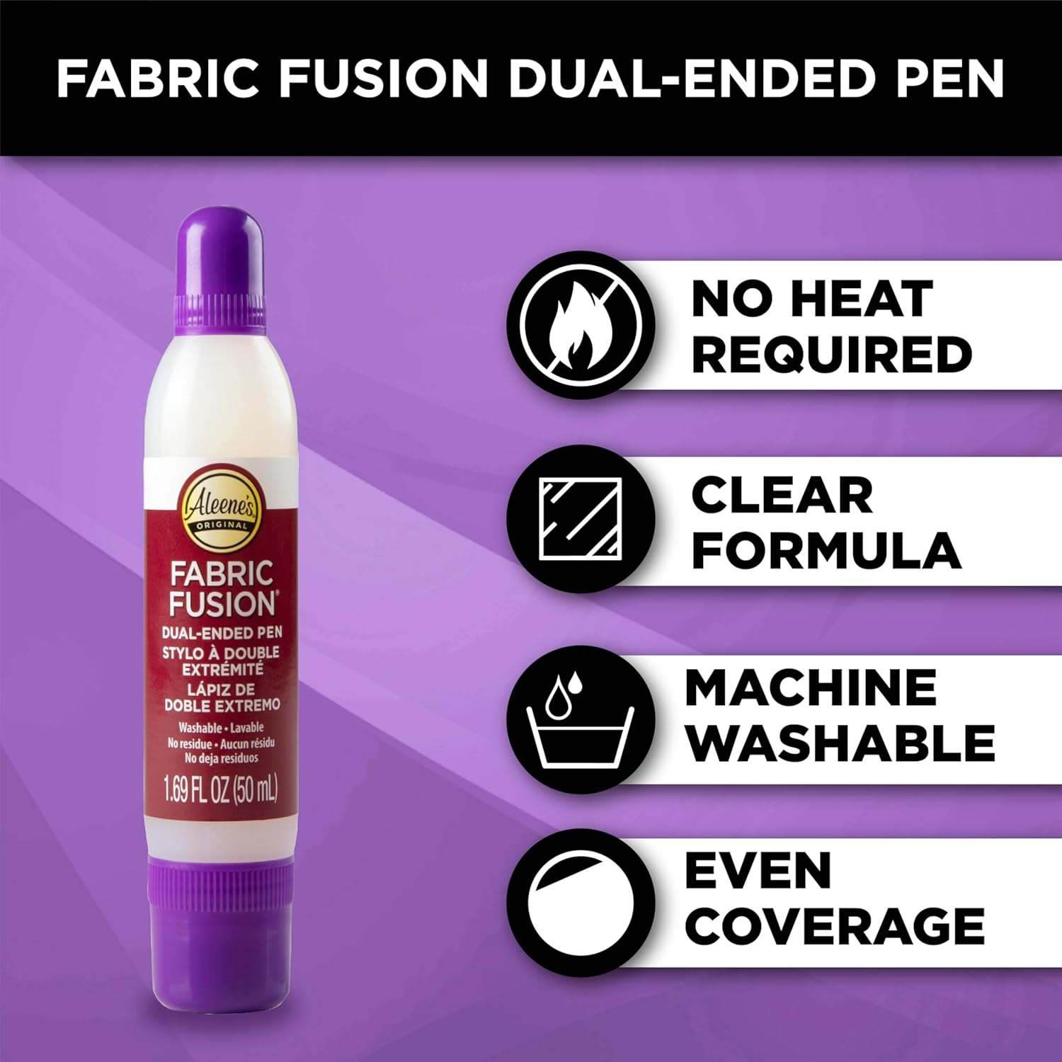 Highlights multiple key features of the fabric fusion pen to demonstrate its ease of use and versatility for crafting projects.