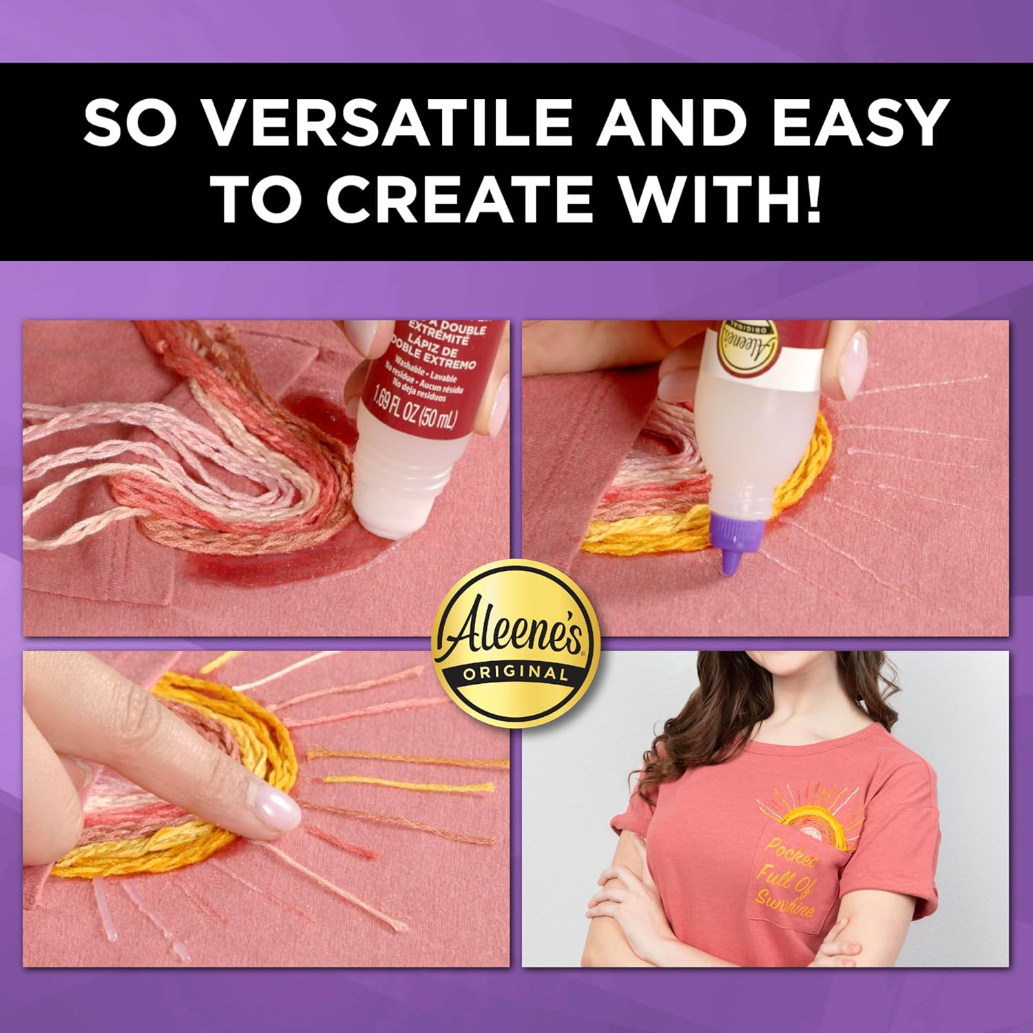 Demonstrates the versatility of Aleene's glue for fabric crafting and t-shirt customization, showing how easy it is to create with.