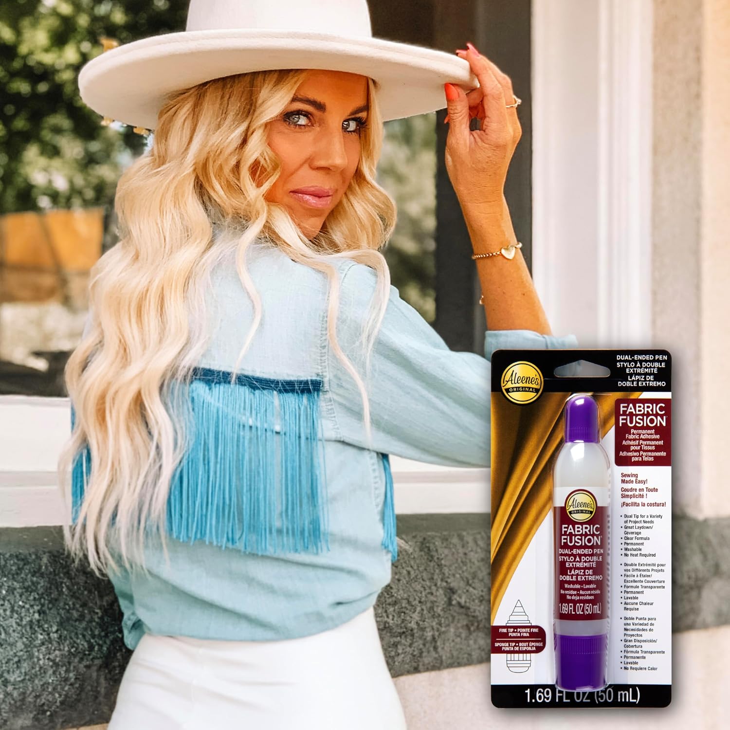 Showcases the product in a stylish, real-world context to appeal to fashion-conscious consumers. Highlights the specific product feature of fabric adhesive for easy sewing and repairs.