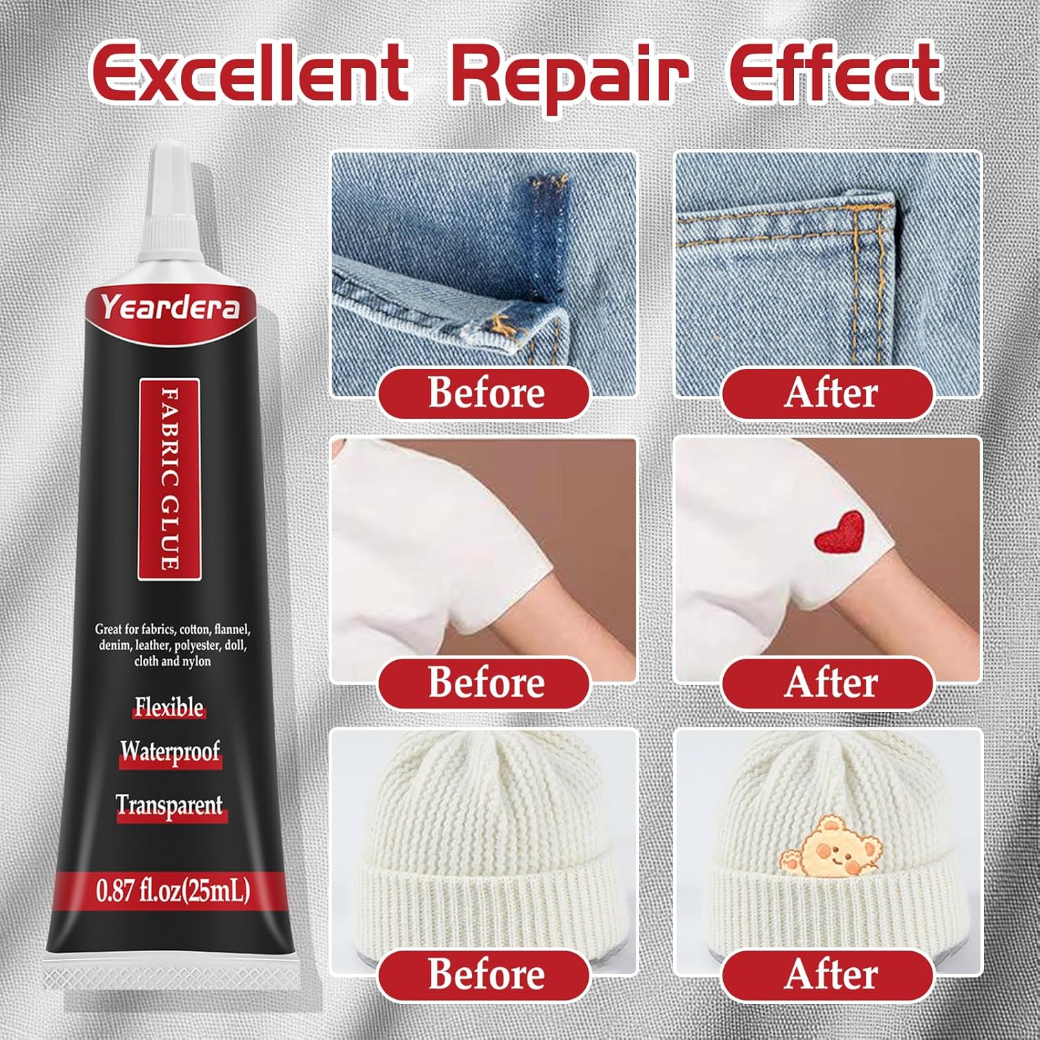 Demonstrates the product's ability to repair and restore various fabric items, showing clear before and after results. Highlights the product's primary benefit of effectively repairing fabric damage…