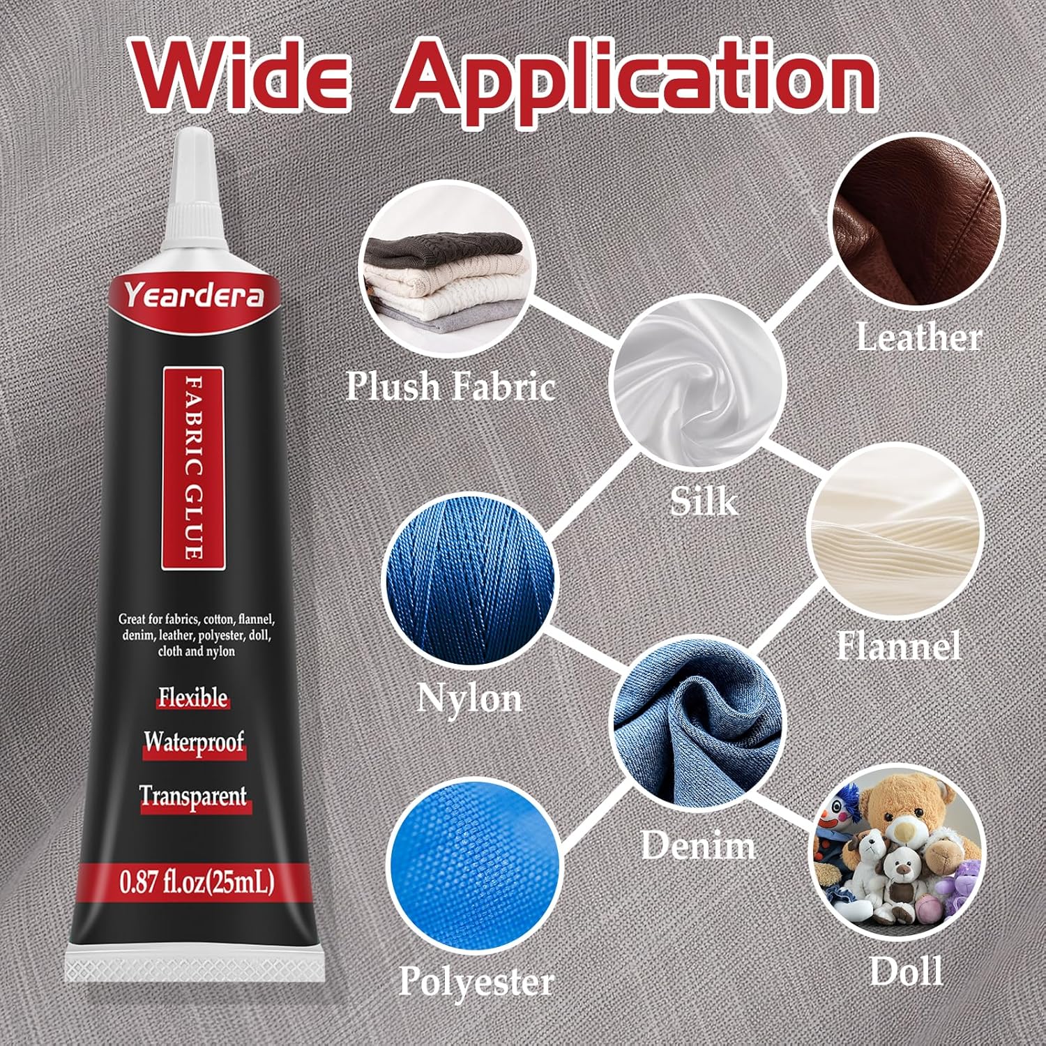 Demonstrates the wide range of materials the fabric glue can be used on, reassuring customers of its versatility.