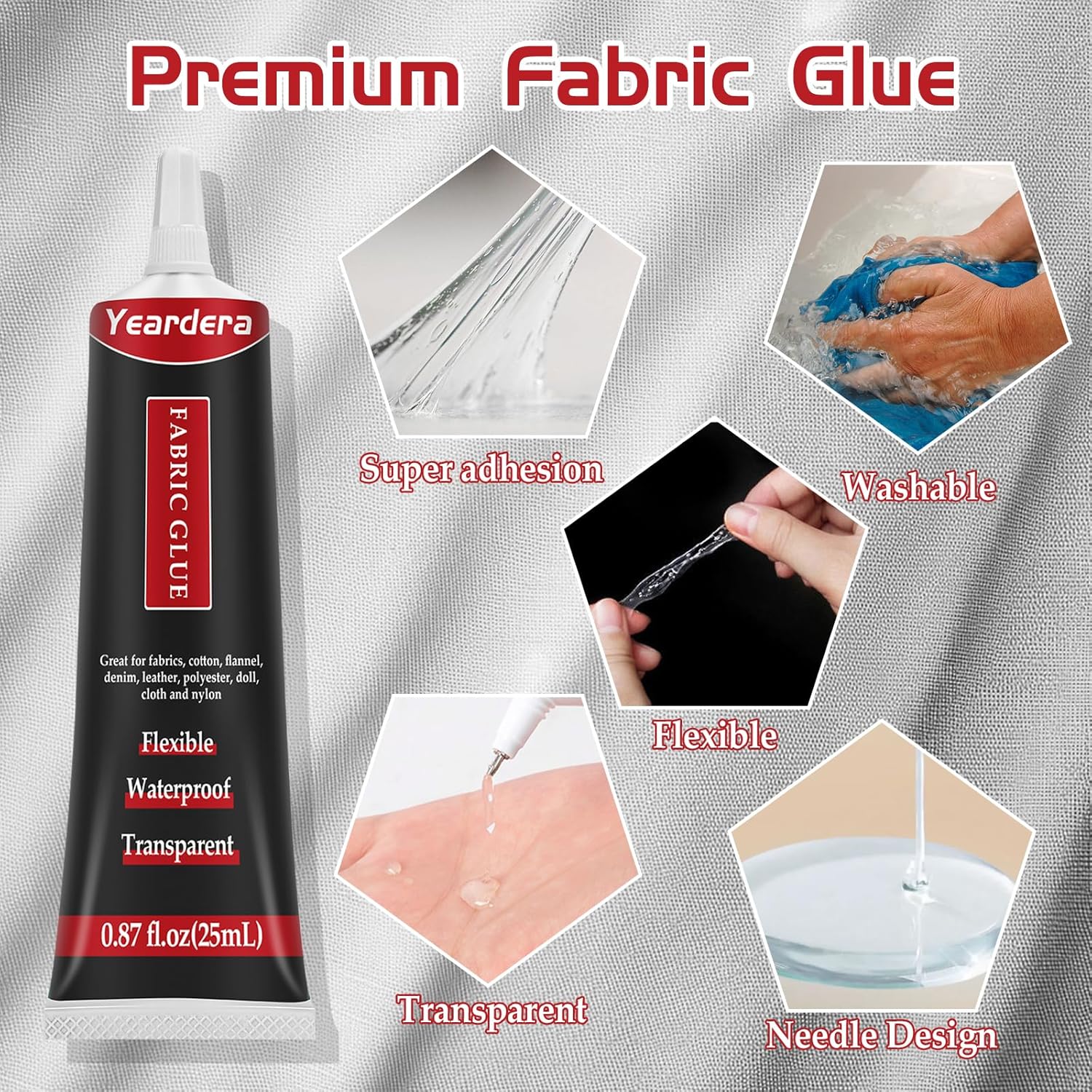 Highlights multiple key features of the fabric glue to demonstrate its versatility and effectiveness for various fabric applications.