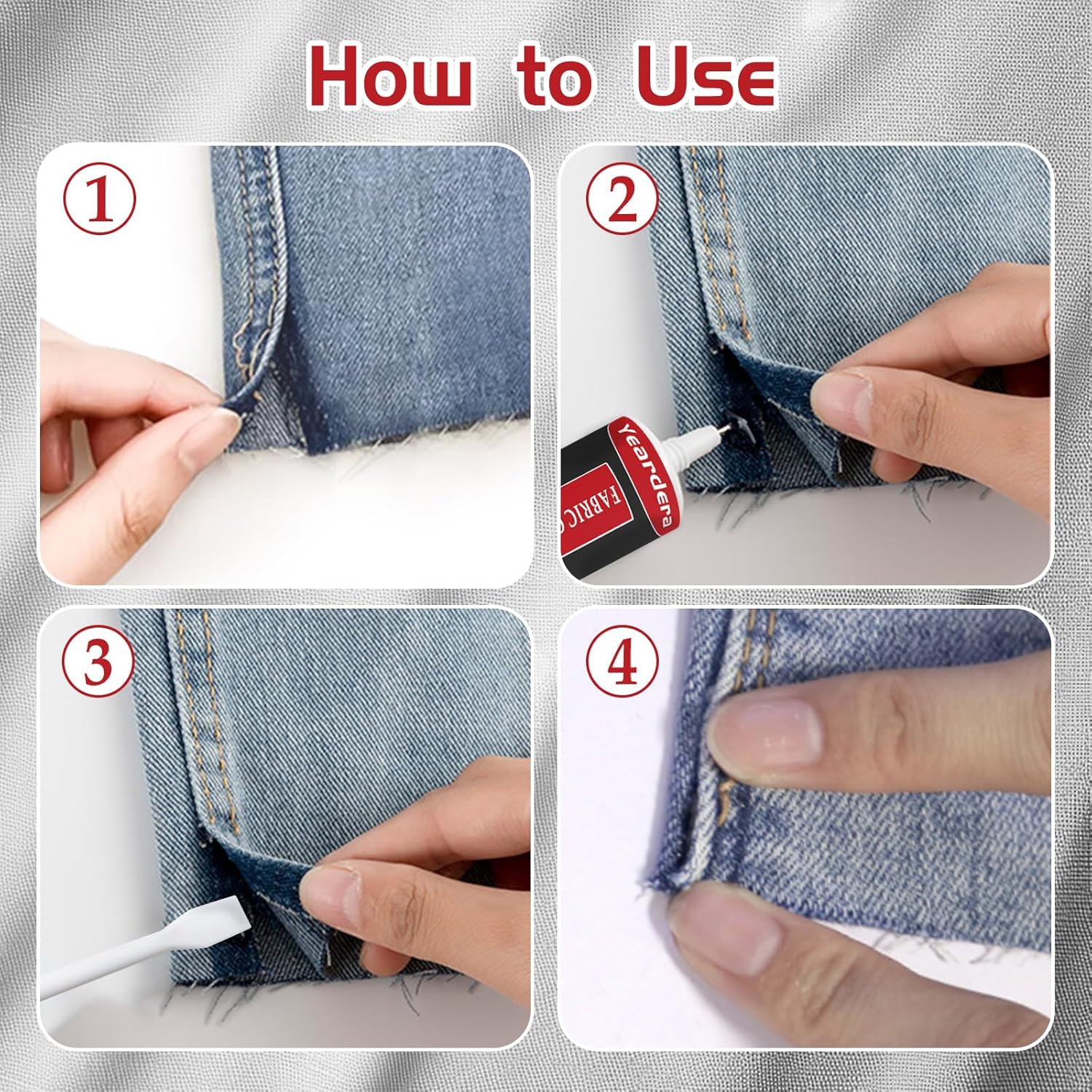 Demonstrates the step-by-step process of using the product to repair frayed denim edges, helping customers understand how easy it is to use.