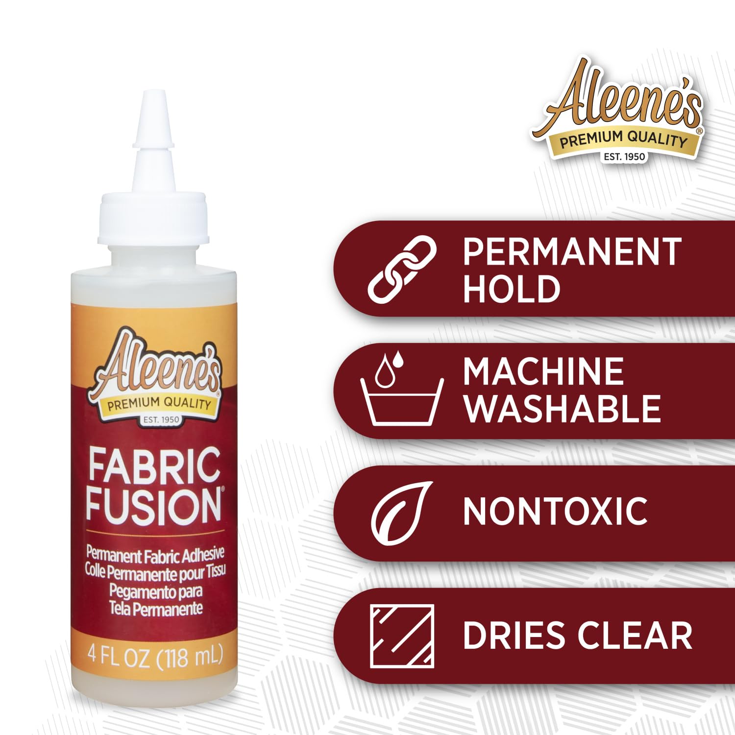 Highlights multiple key features of the fabric adhesive to demonstrate its versatility and safety for various crafting applications.