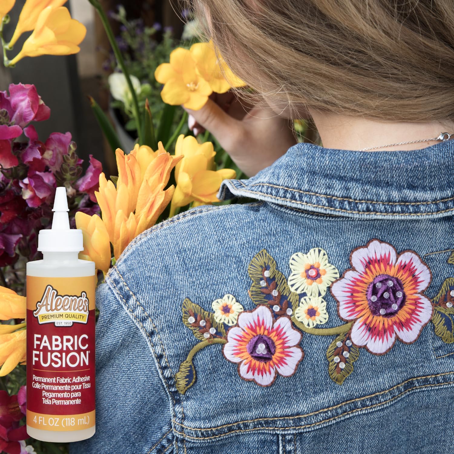 Demonstrates how the product can be used to create decorative floral designs on denim clothing, showcasing its versatility for fabric crafts.