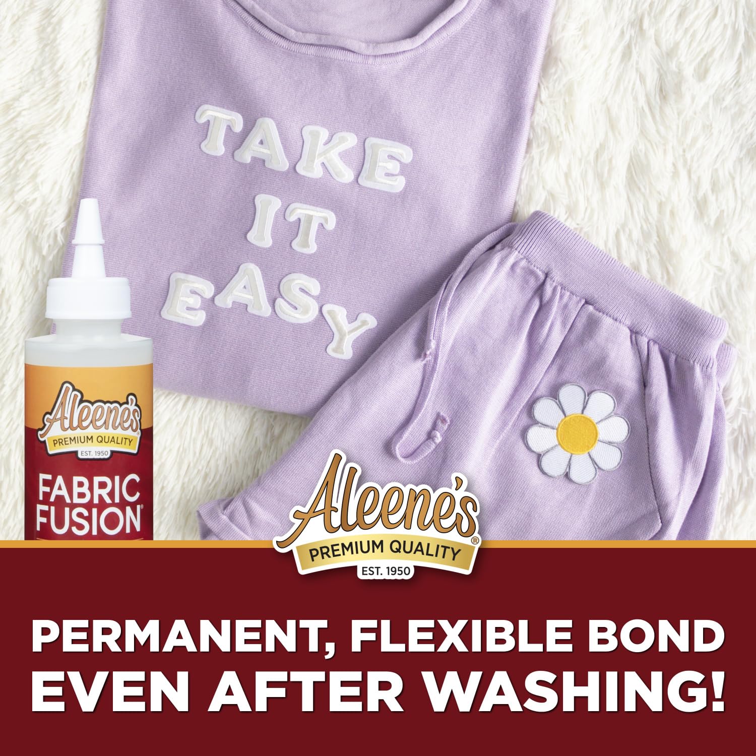 Highlights the product's ability to create a lasting, flexible bond on fabric that remains intact even after washing.
