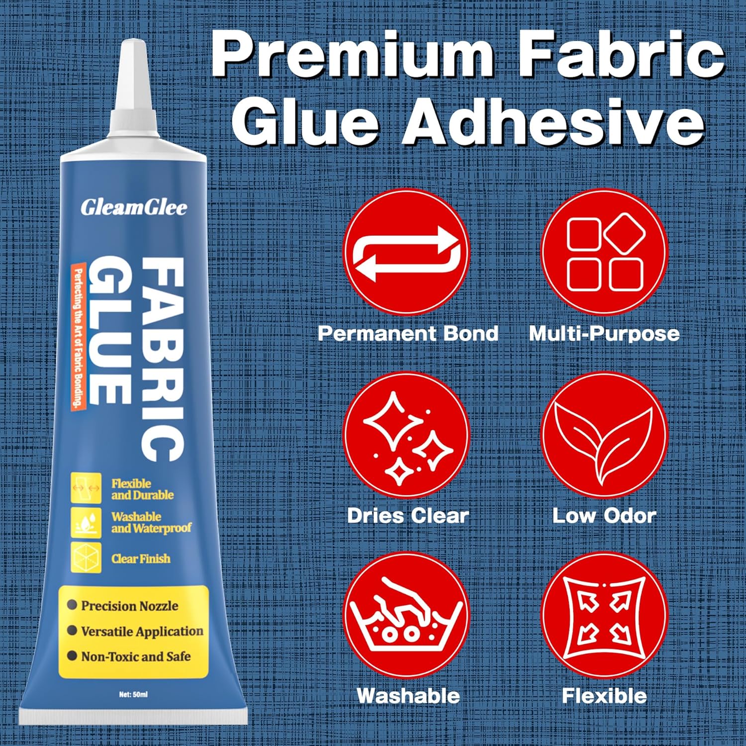 Highlights multiple key features and benefits of the fabric glue to demonstrate its versatility and quality to potential buyers.