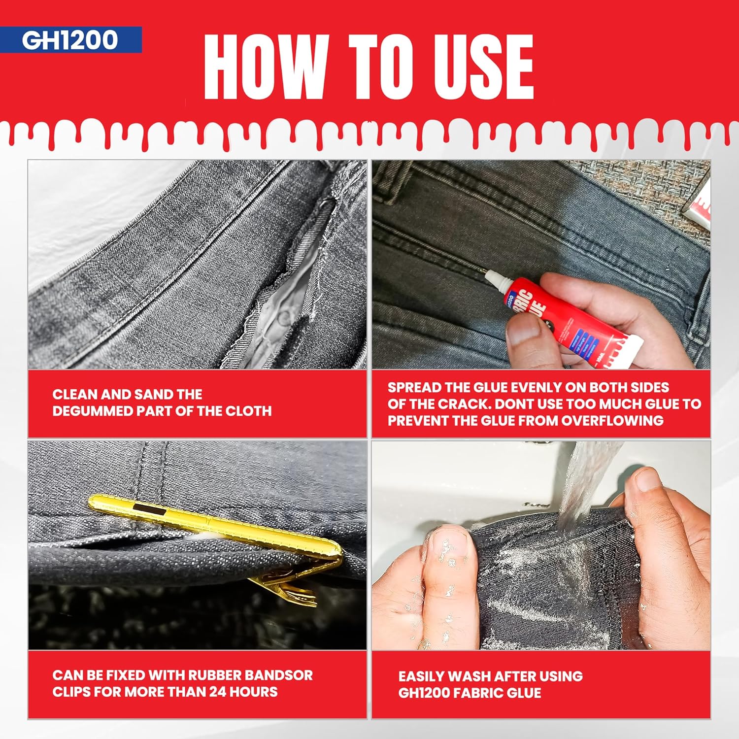 Demonstrates the step-by-step process of using GH1200 fabric glue to repair clothing, reassuring customers about ease of use and effectiveness.
