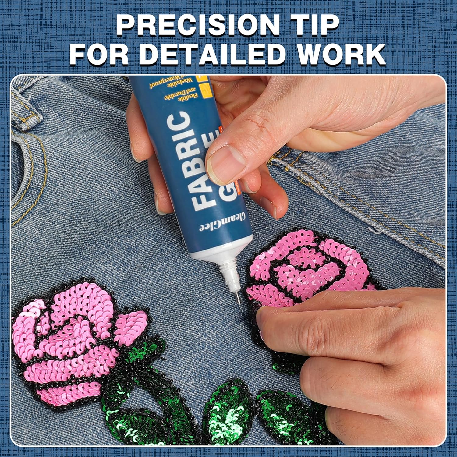 Highlights the product's precision tip feature for detailed work, demonstrating its ability to apply glue accurately on small, intricate designs.