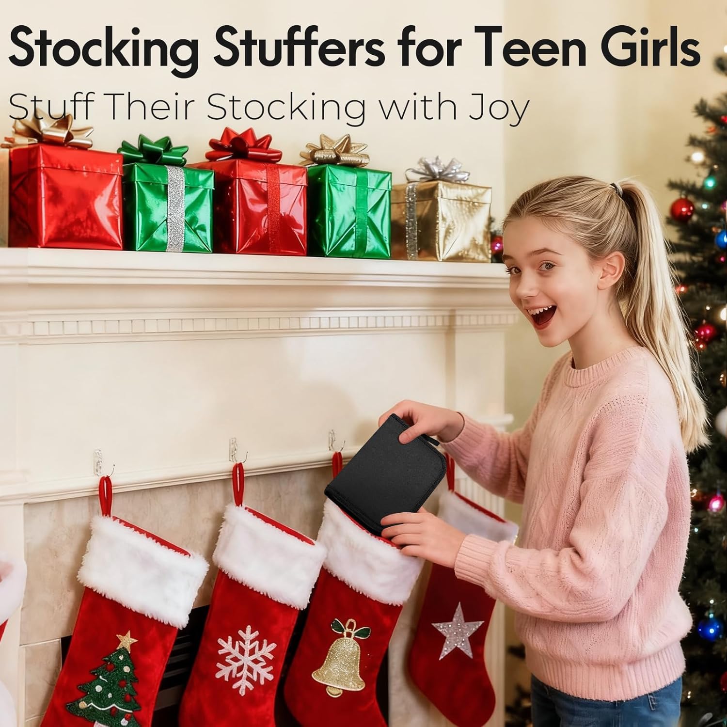 Promotes stocking stuffer gift ideas specifically for teen girls during the Christmas season.