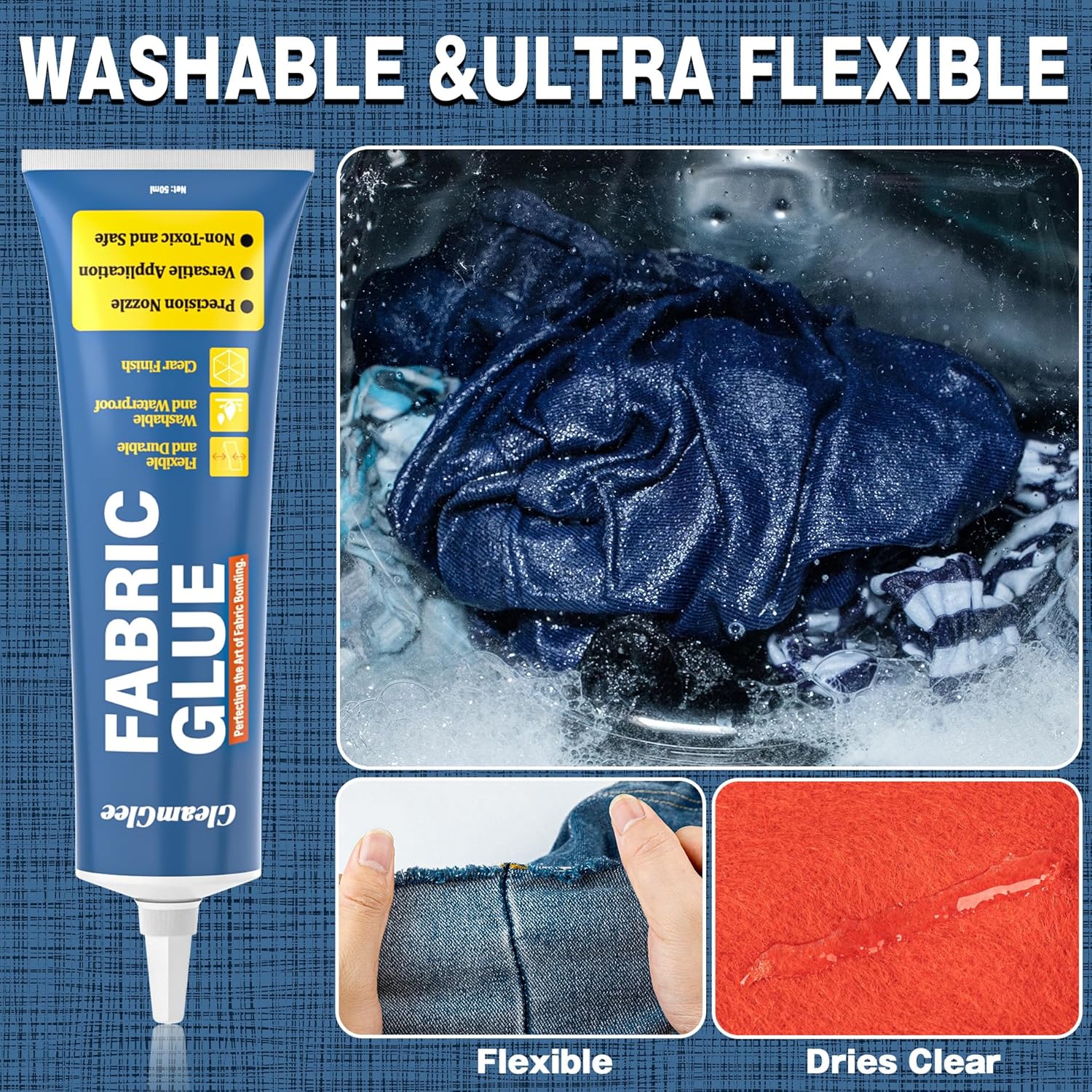 Highlights multiple key features of the fabric glue to show its versatility and ease of use for various applications.