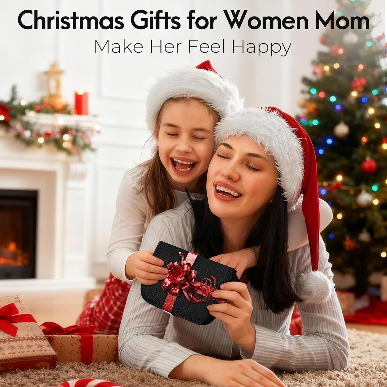 Promotes Christmas gift ideas for mothers to create a joyful holiday experience. Showcases a heartwarming mother-daughter moment to evoke positive emotions associated with gift-giving.