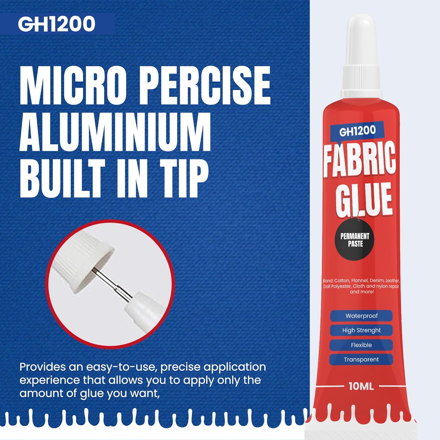 Highlights the product's precise application feature to show ease of use and control when applying the glue.