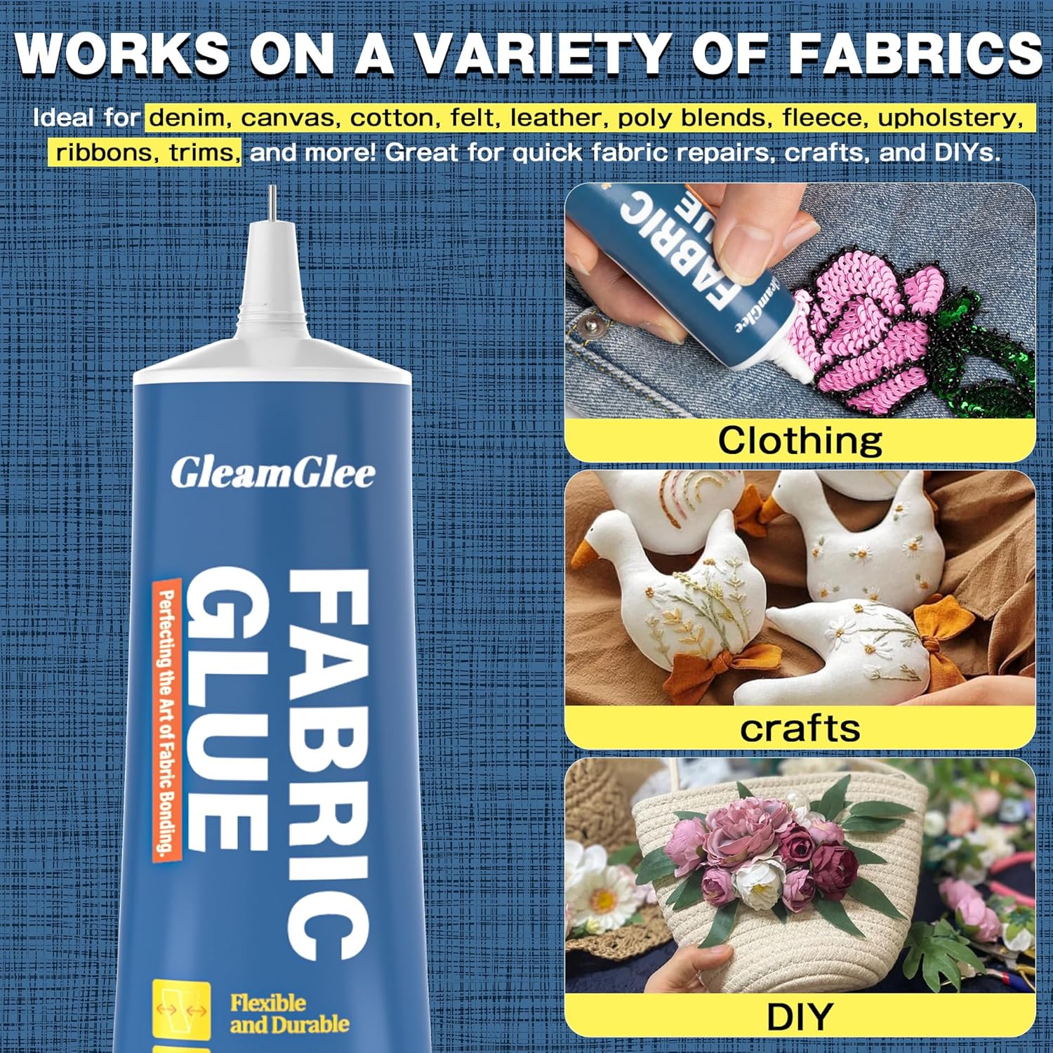 Demonstrates the wide range of fabrics and applications the product can be used on, from clothing repairs to crafts and DIY projects.