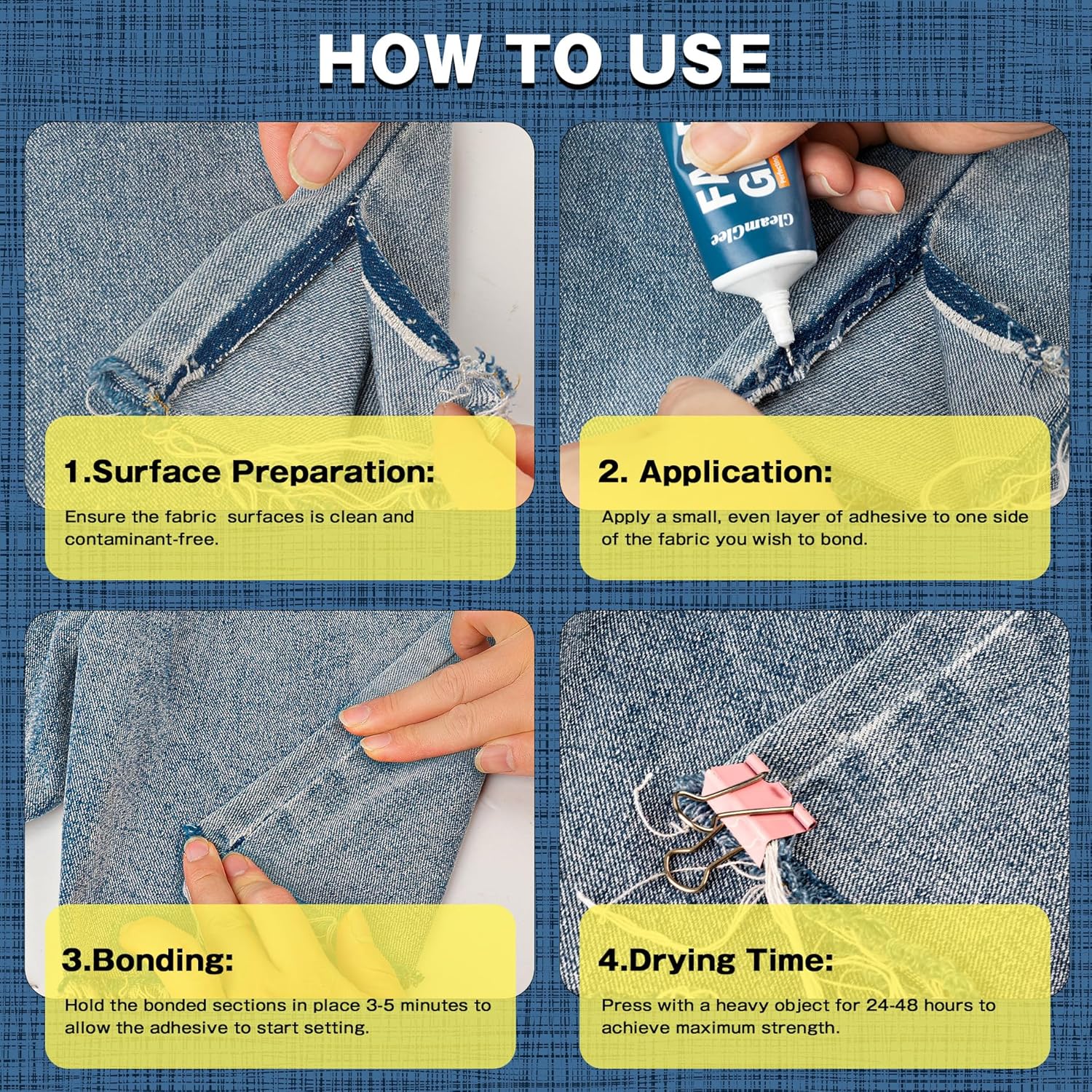 Provides step-by-step instructions on how to use the fabric adhesive product to repair or bond fabric.