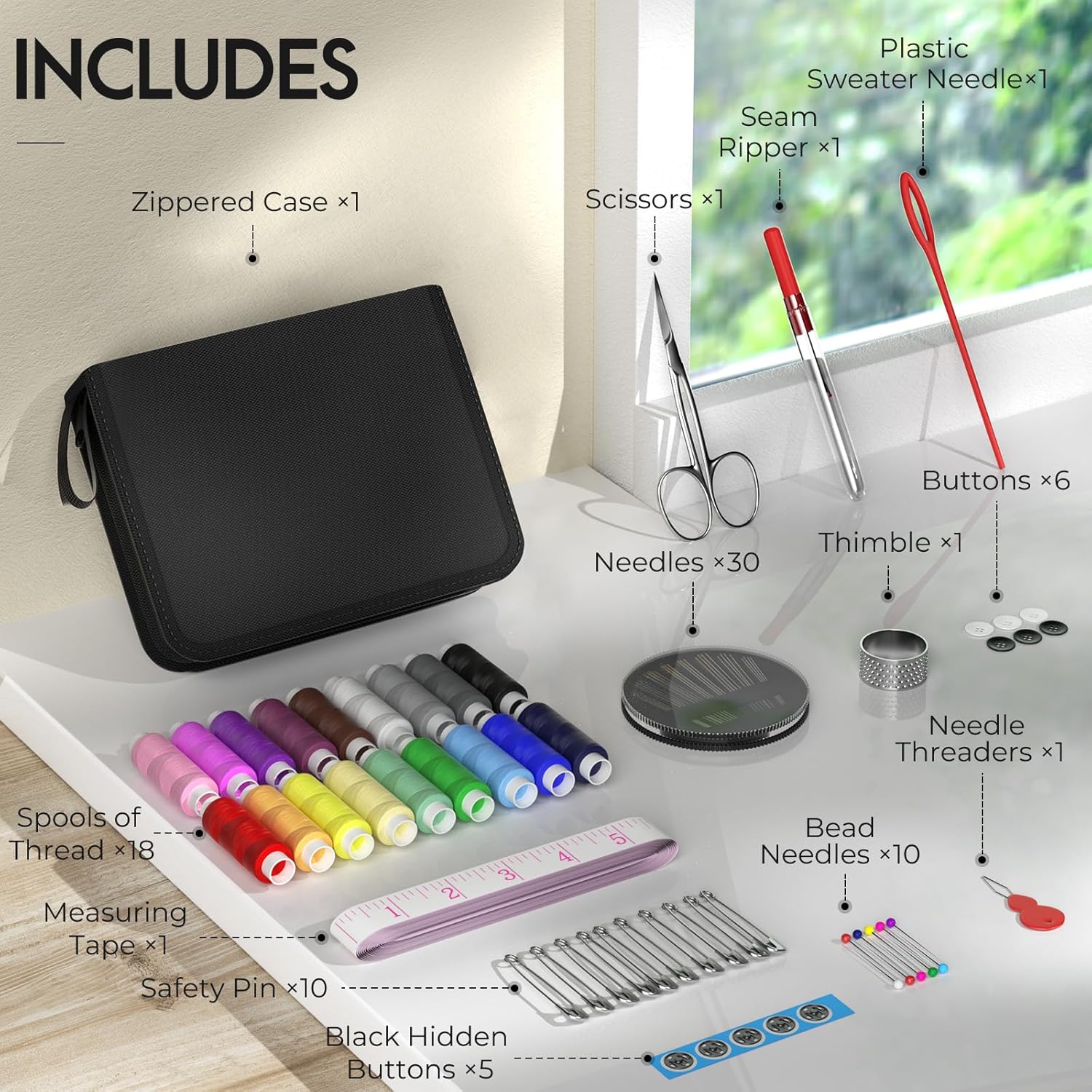 Shows all the items included in the sewing kit, helping customers understand the value and completeness of the product.