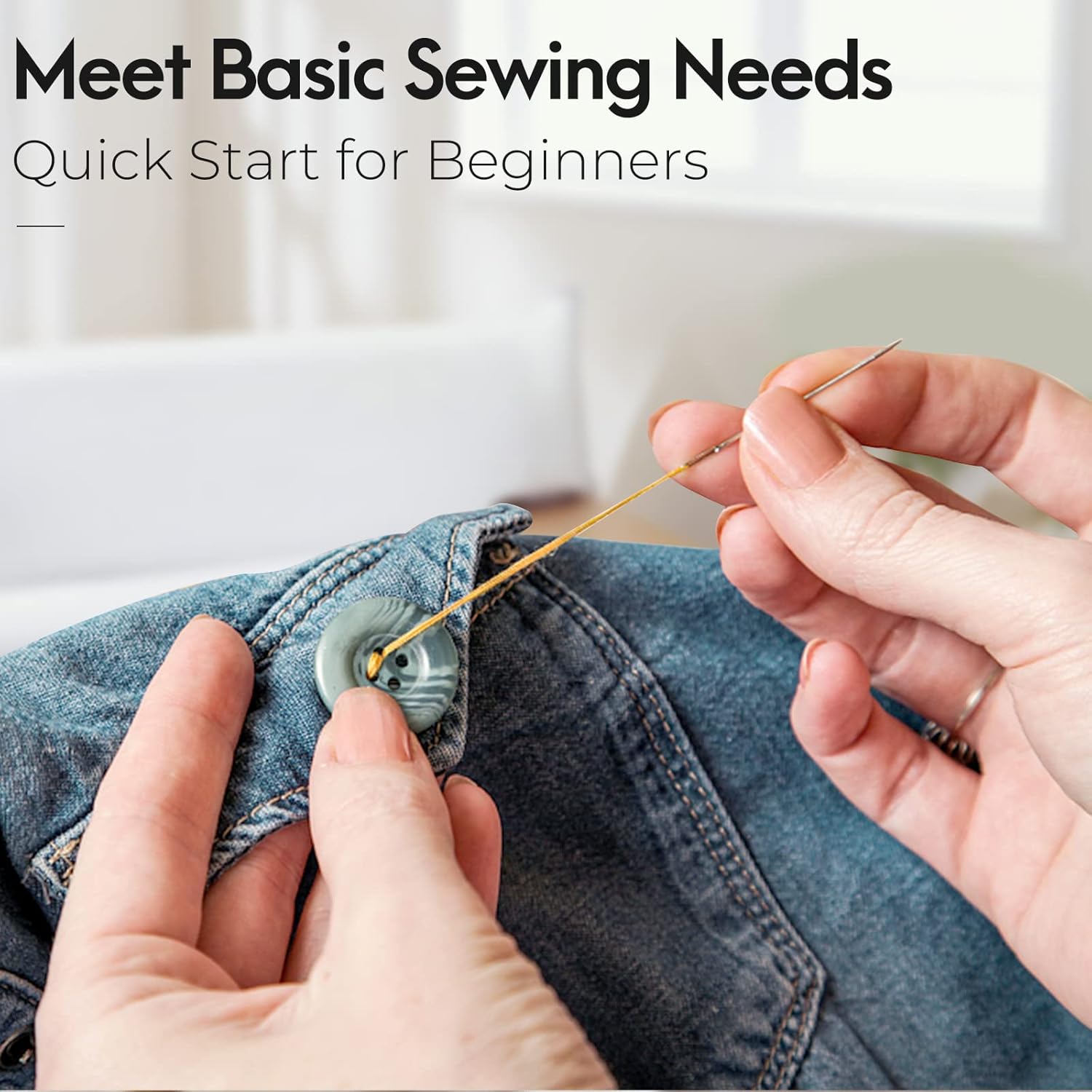 Demonstrates how to perform basic sewing tasks, specifically showing how to sew on a button for beginners.