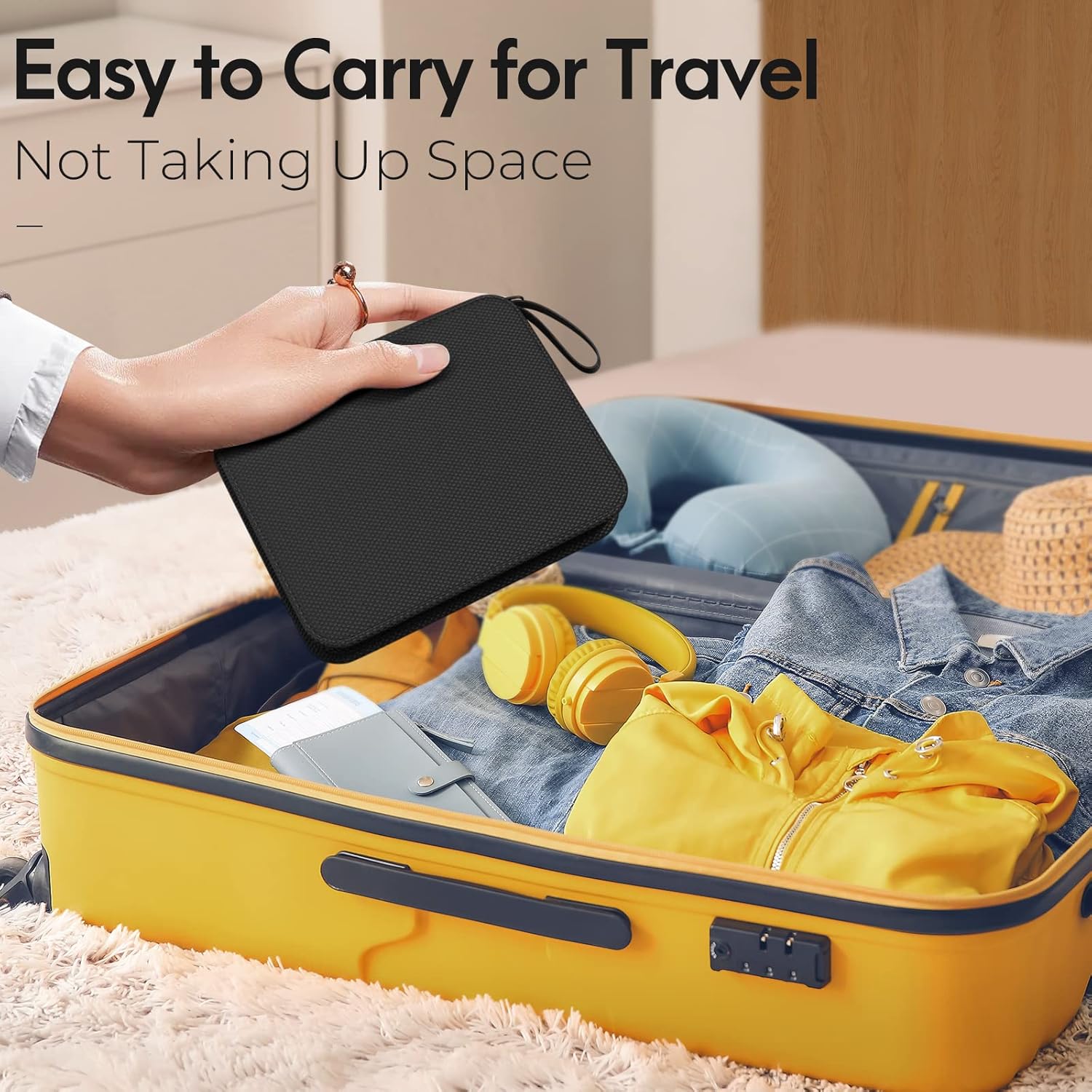 Demonstrates how the product is ideal for travel due to its compact size and easy portability. Highlights the product's space-saving feature, showing it doesn't take up much room in luggage.