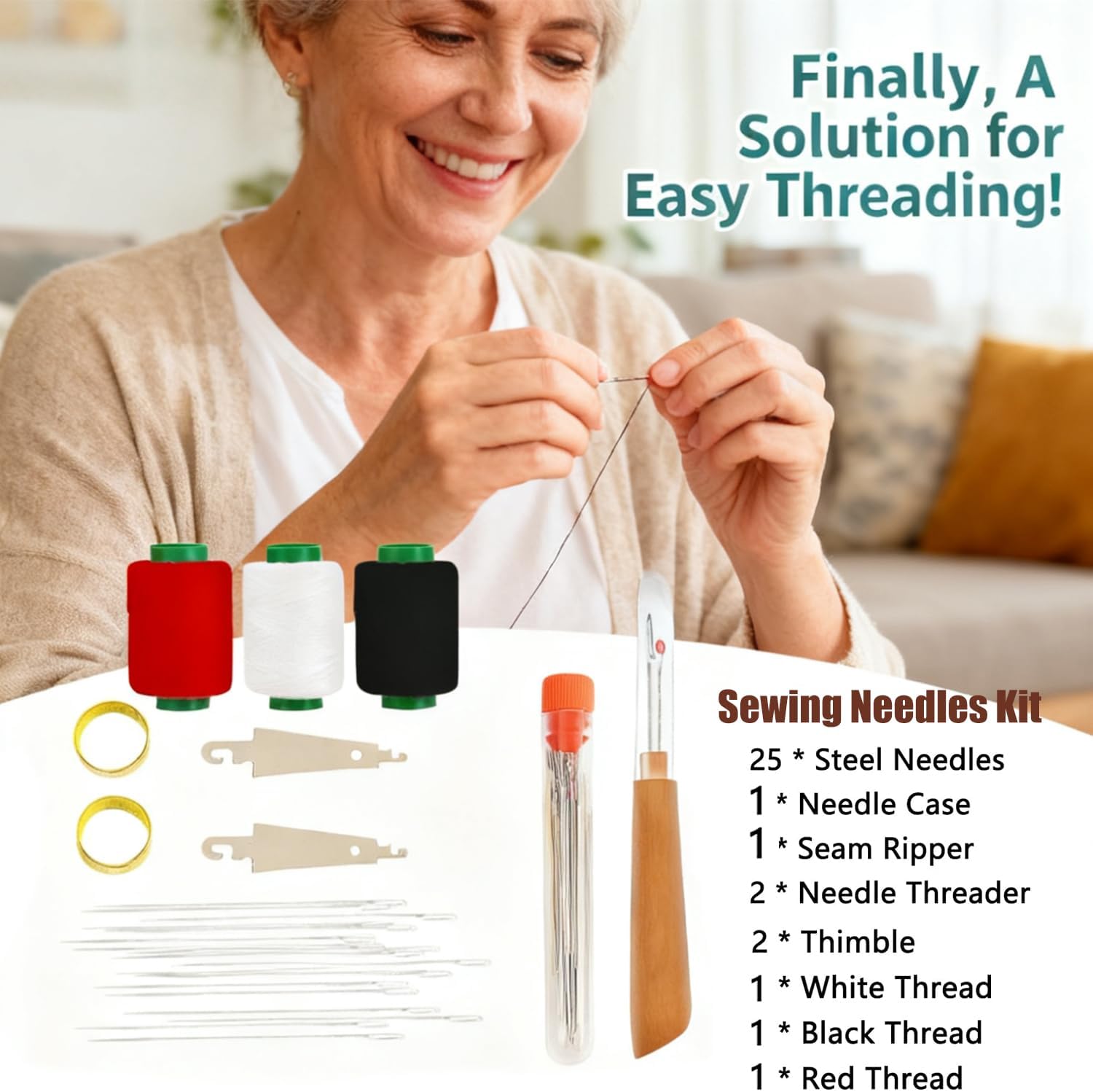 34PCS Big Eye Steel Sewing Needles Kit: Infographics