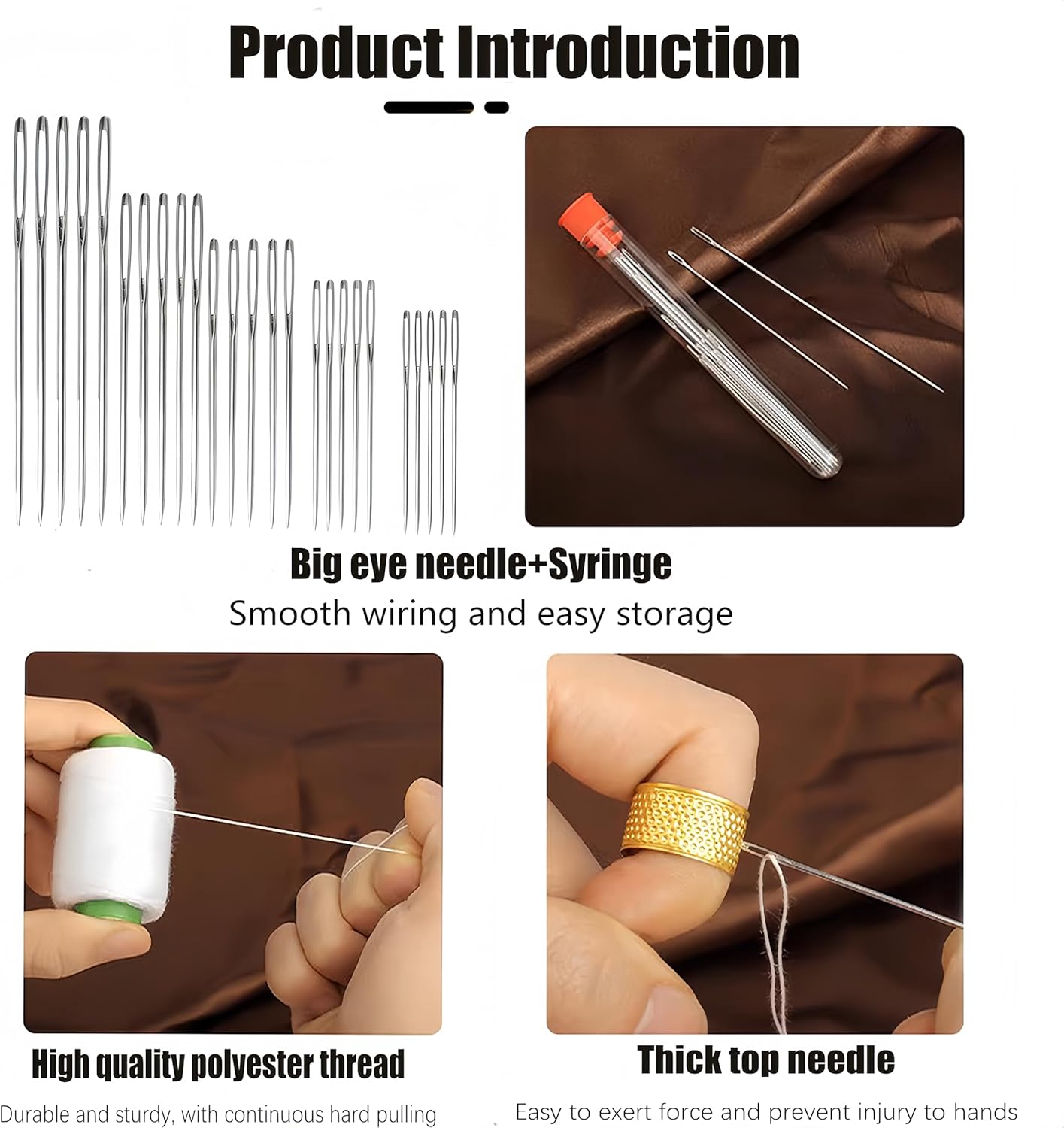 34PCS Big Eye Steel Sewing Needles Kit: Infographics