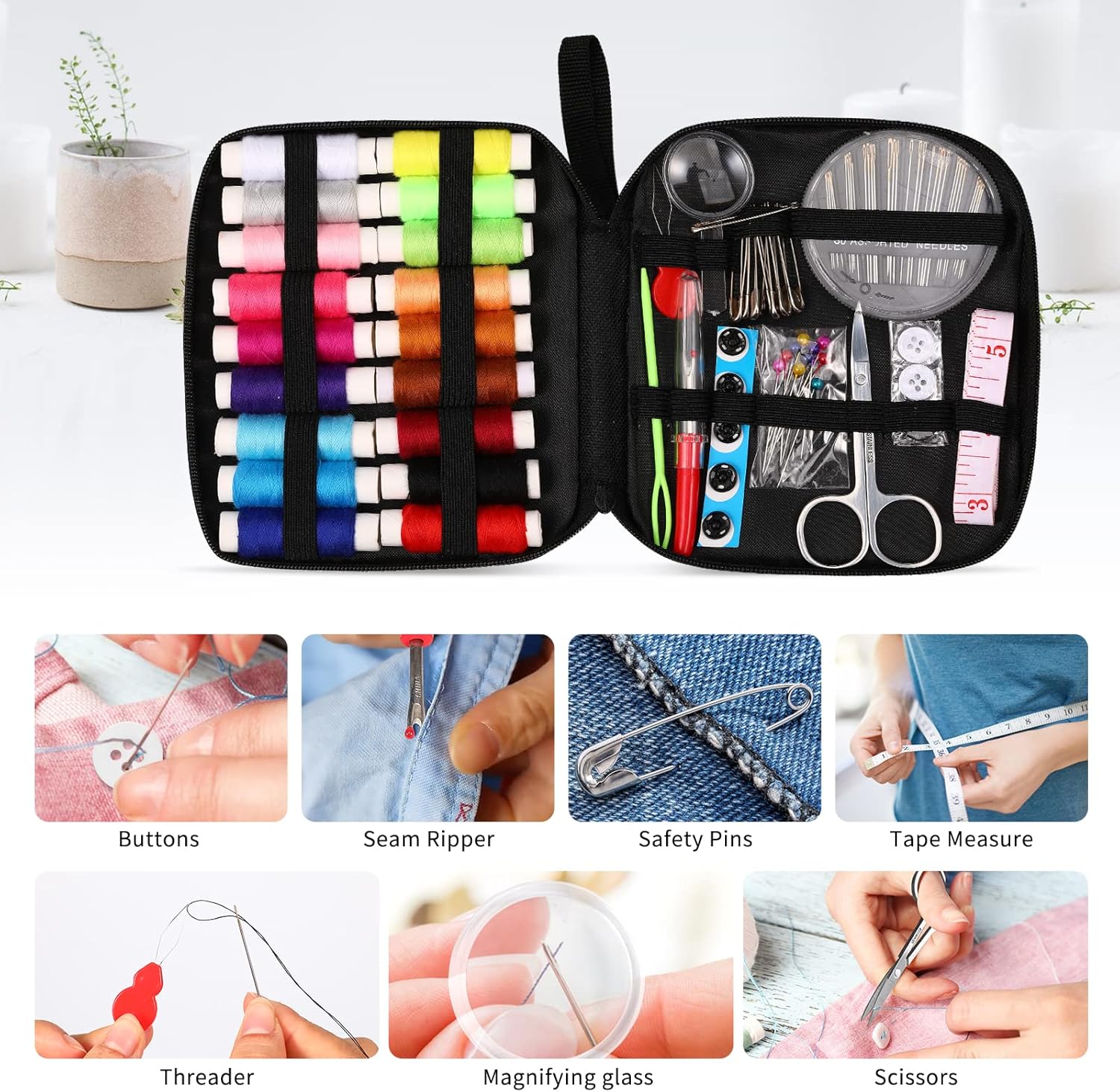 Shows all the items included in the compact sewing kit, demonstrating its comprehensive nature and value to potential buyers.