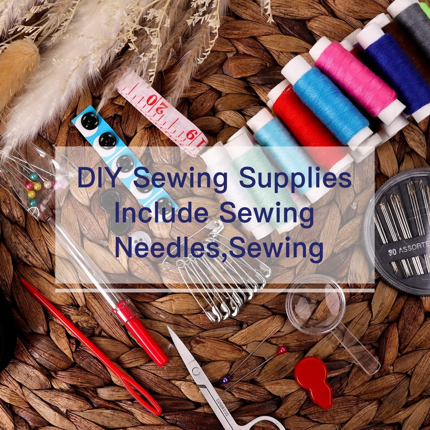Shows the variety of sewing supplies included in the DIY kit, highlighting the comprehensive nature of the product for potential buyers.