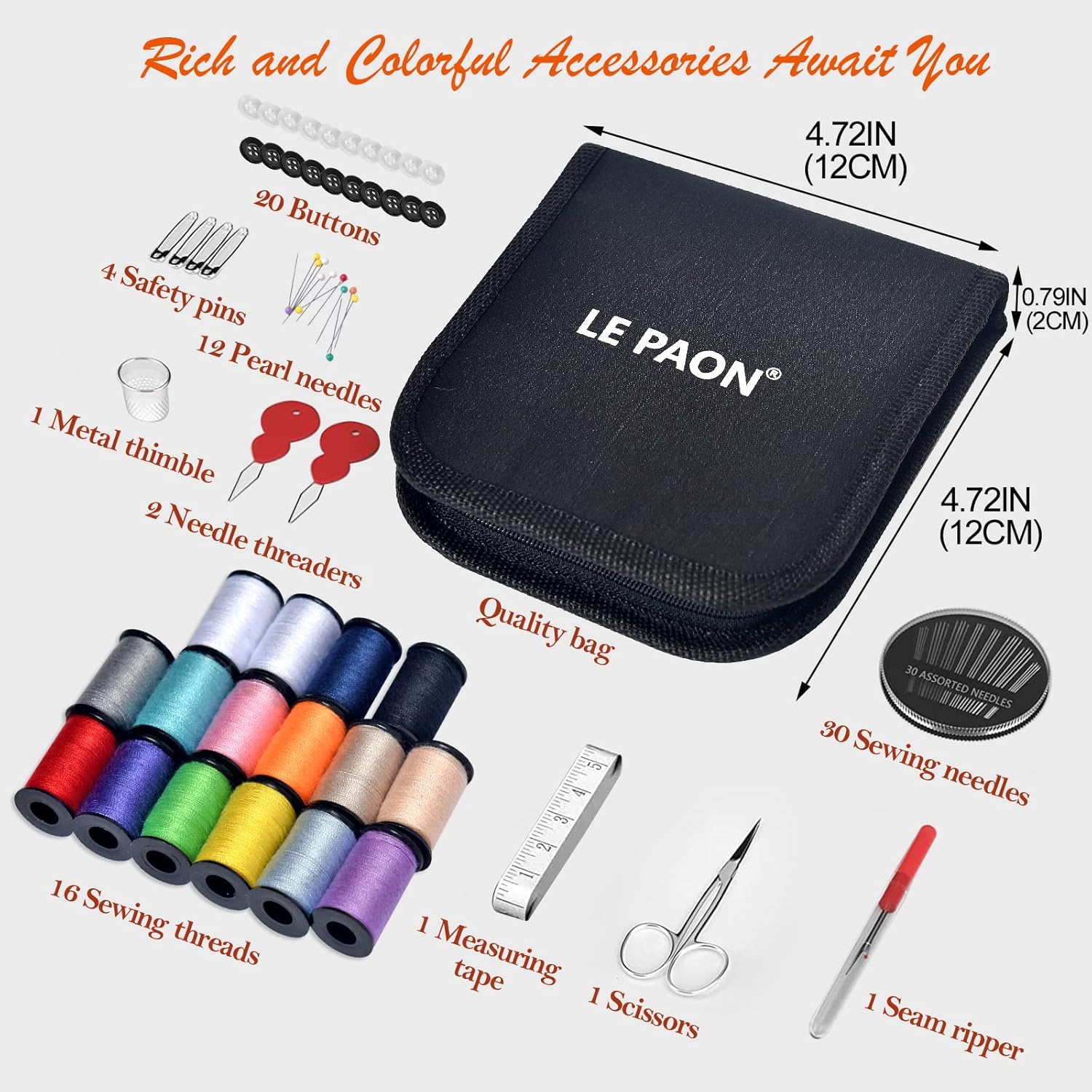 Shows all the items included in the sewing kit, highlighting the variety and completeness of the set.