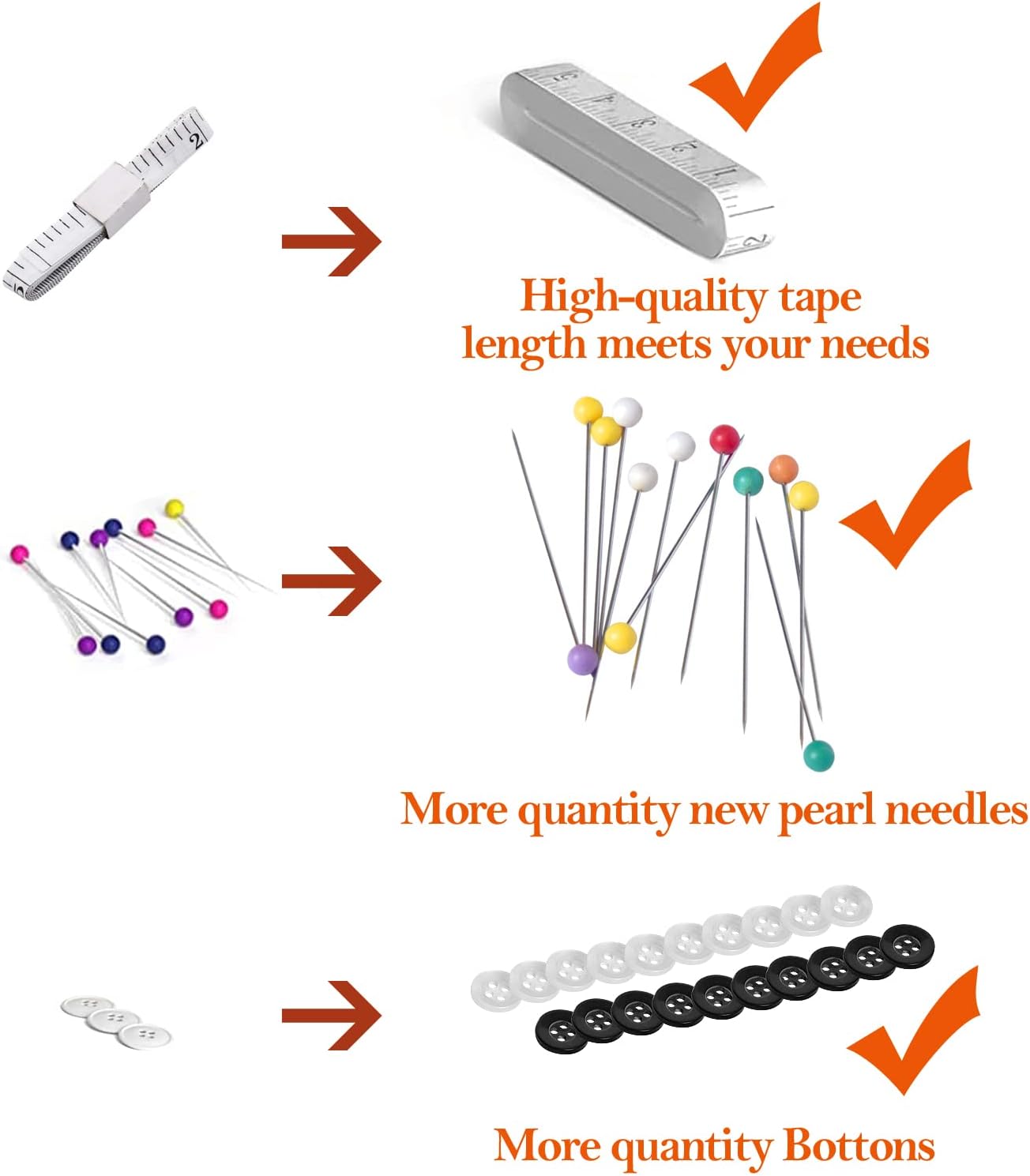 Highlights multiple improvements in the product, including better tape quality, increased quantity of pearl needles, and more buttons.