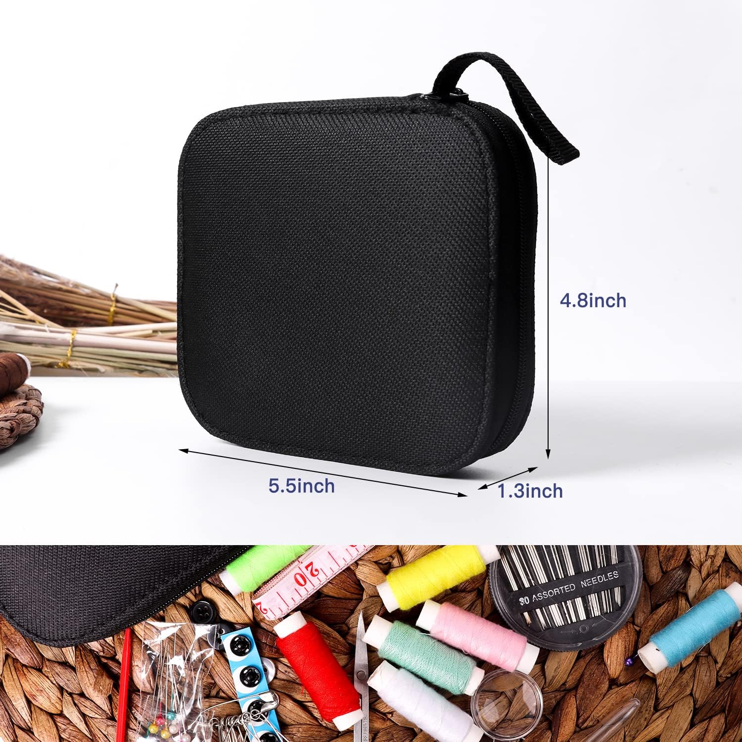 Demonstrates the small, portable size of the product case to show it's easy to carry and store. Shows the variety of sewing supplies included in the compact case, highlighting the product's…