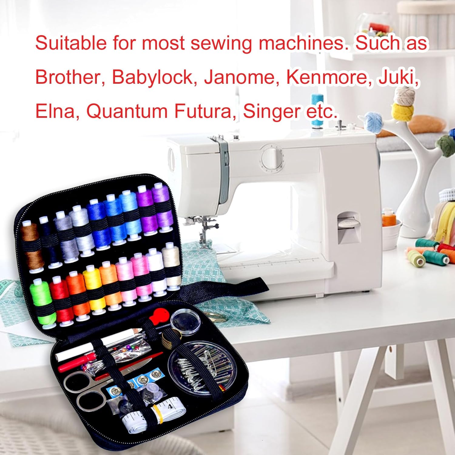 Informs customers that the sewing kit is compatible with a wide range of popular sewing machine brands, reassuring them about its versatility and usefulness.