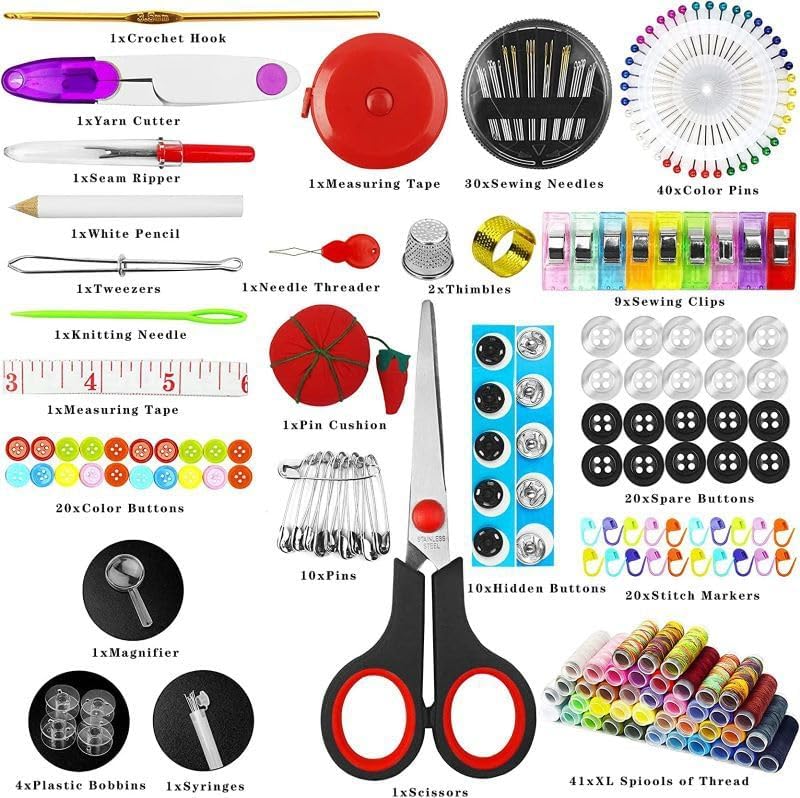 Shows all the items included in the sewing kit, helping customers understand the value and variety of tools they'll receive.