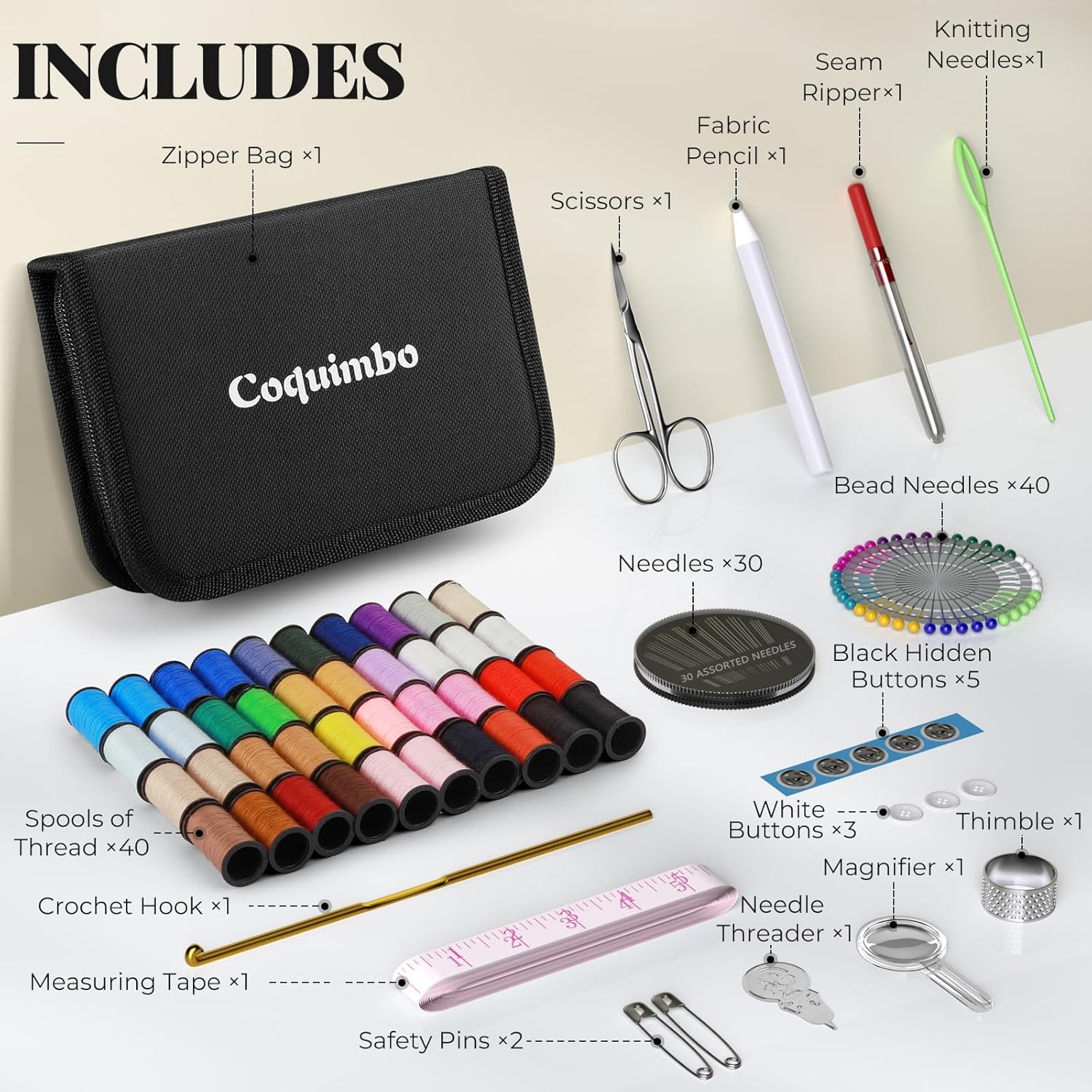 Shows all the items included in the sewing kit, helping customers understand the value and completeness of the product.