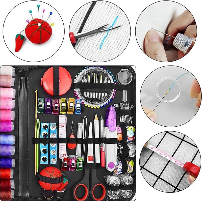 Shows all the items included in the sewing kit, demonstrating the comprehensive range of tools and materials provided. Illustrates various sewing techniques and uses for the included tools, helping…