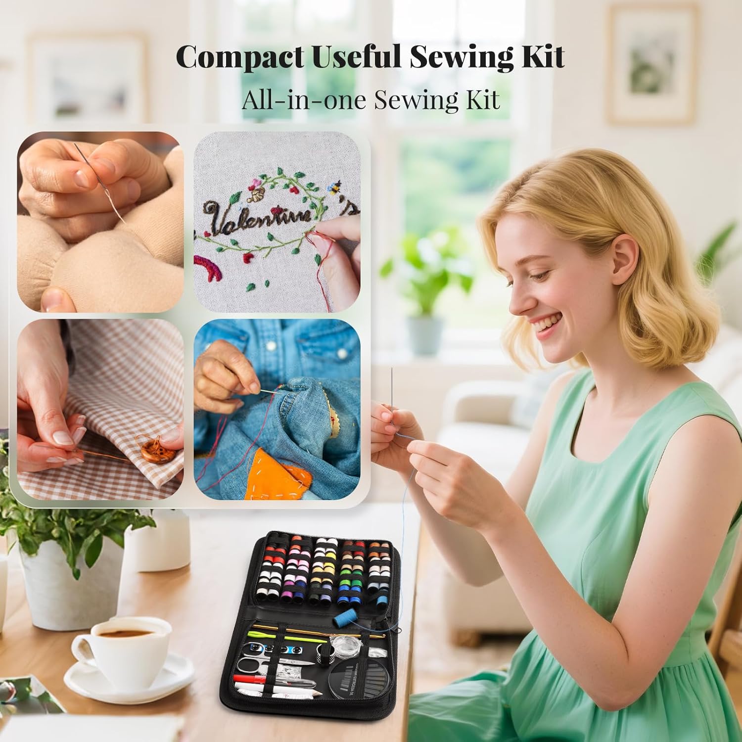 Showcases the sewing kit's compact size and versatility for various sewing tasks, emphasizing its all-in-one convenience. Demonstrates different sewing applications like embroidery, mending, and…