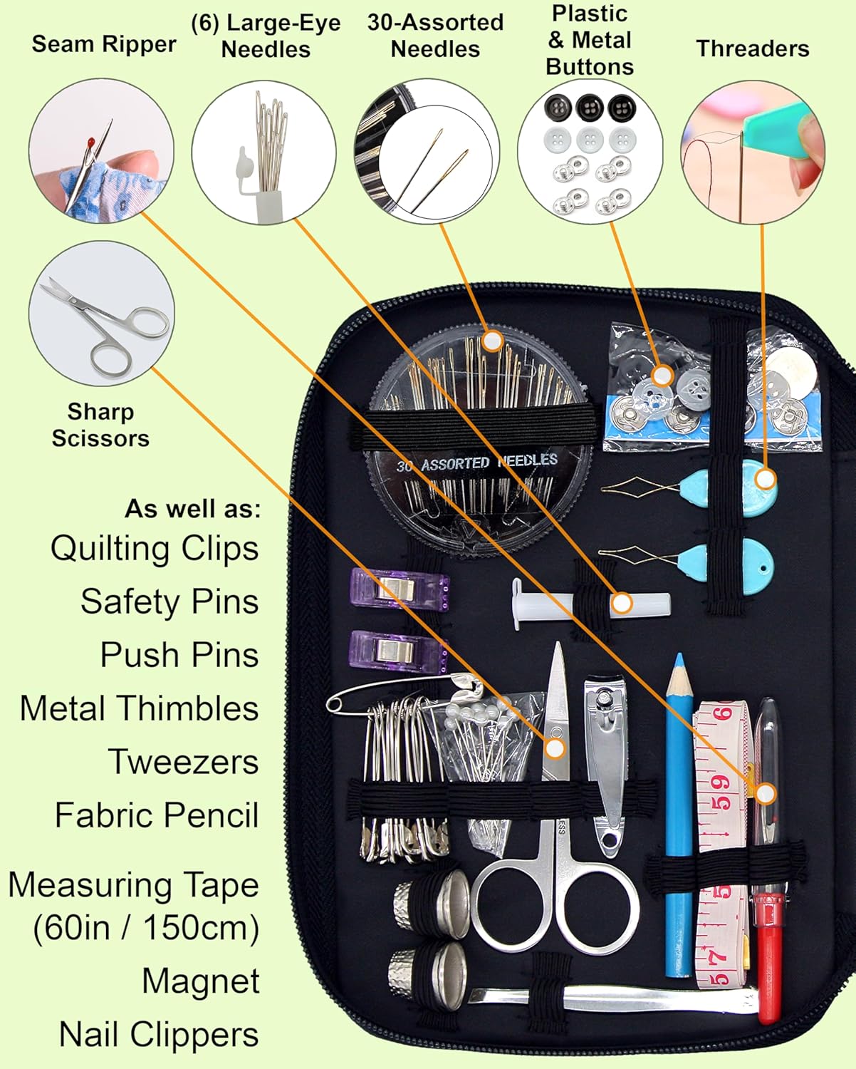 Shows all the items included in the sewing kit, helping shoppers understand the comprehensive nature of the product.