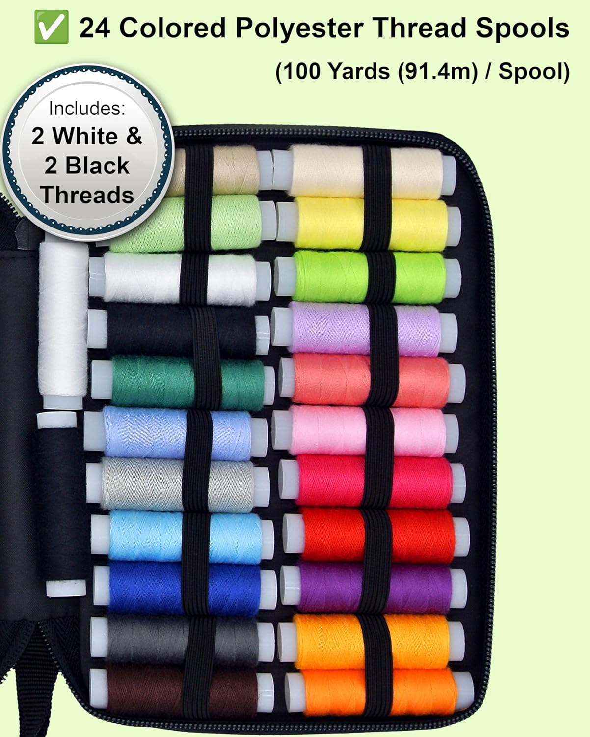 Shows the complete set of thread spools included in the package, highlighting the variety of colors and quantity available to the buyer.