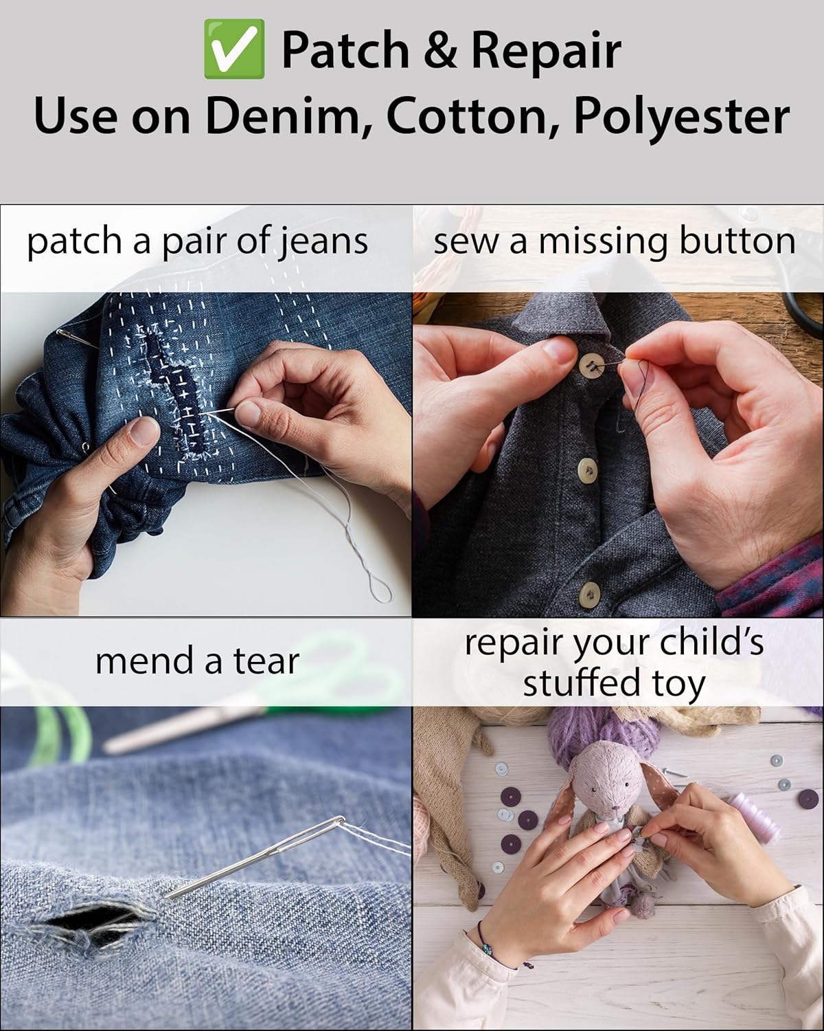 Demonstrates various uses for the product in repairing and mending different types of fabric items, from jeans to stuffed toys.