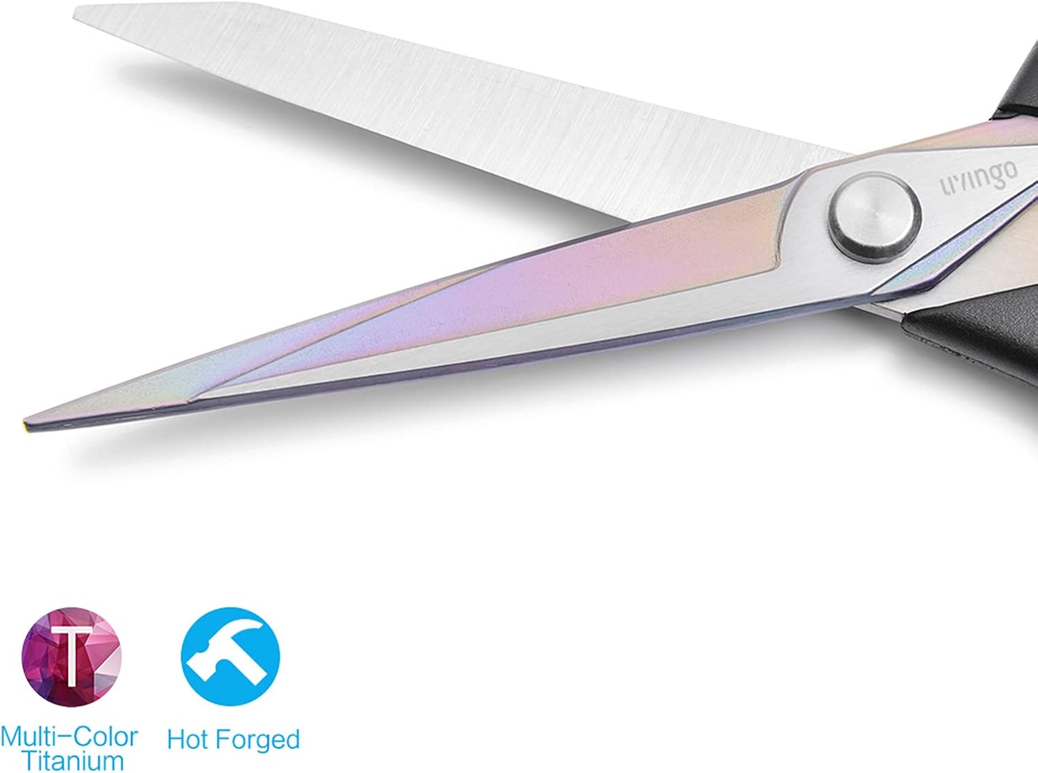 Highlights the premium material and unique aesthetic of the scissors' blades to convey quality and durability.