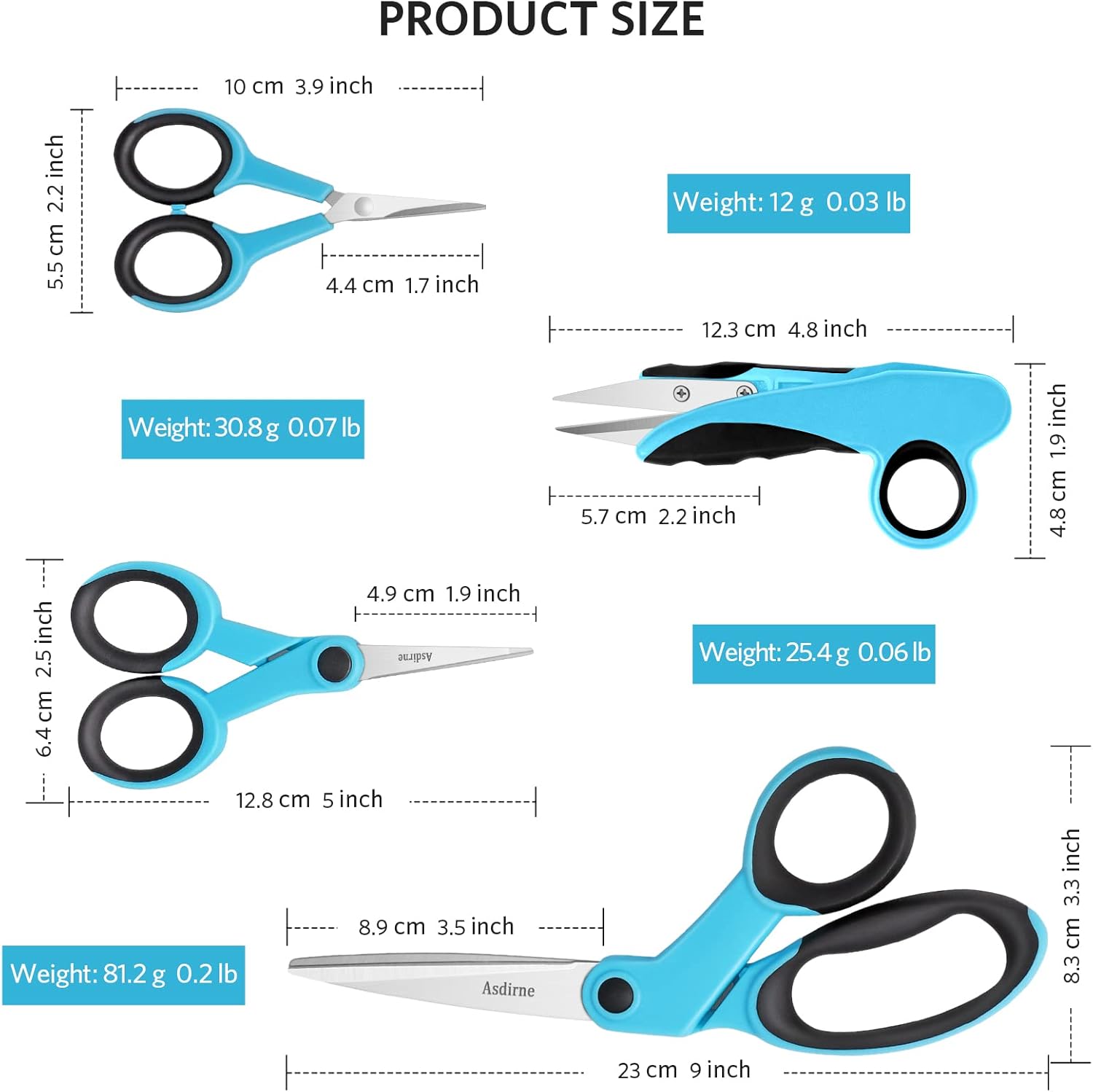 Provides exact measurements of different scissors in the set to help customers understand the size and scale of each product.
