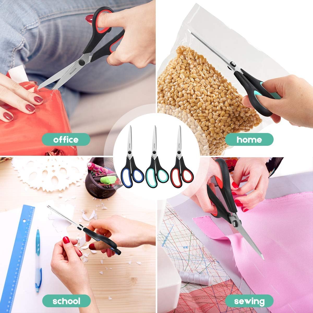 Demonstrates the various applications of the scissors in different settings, showing its versatility for office, home, school, and sewing tasks.
