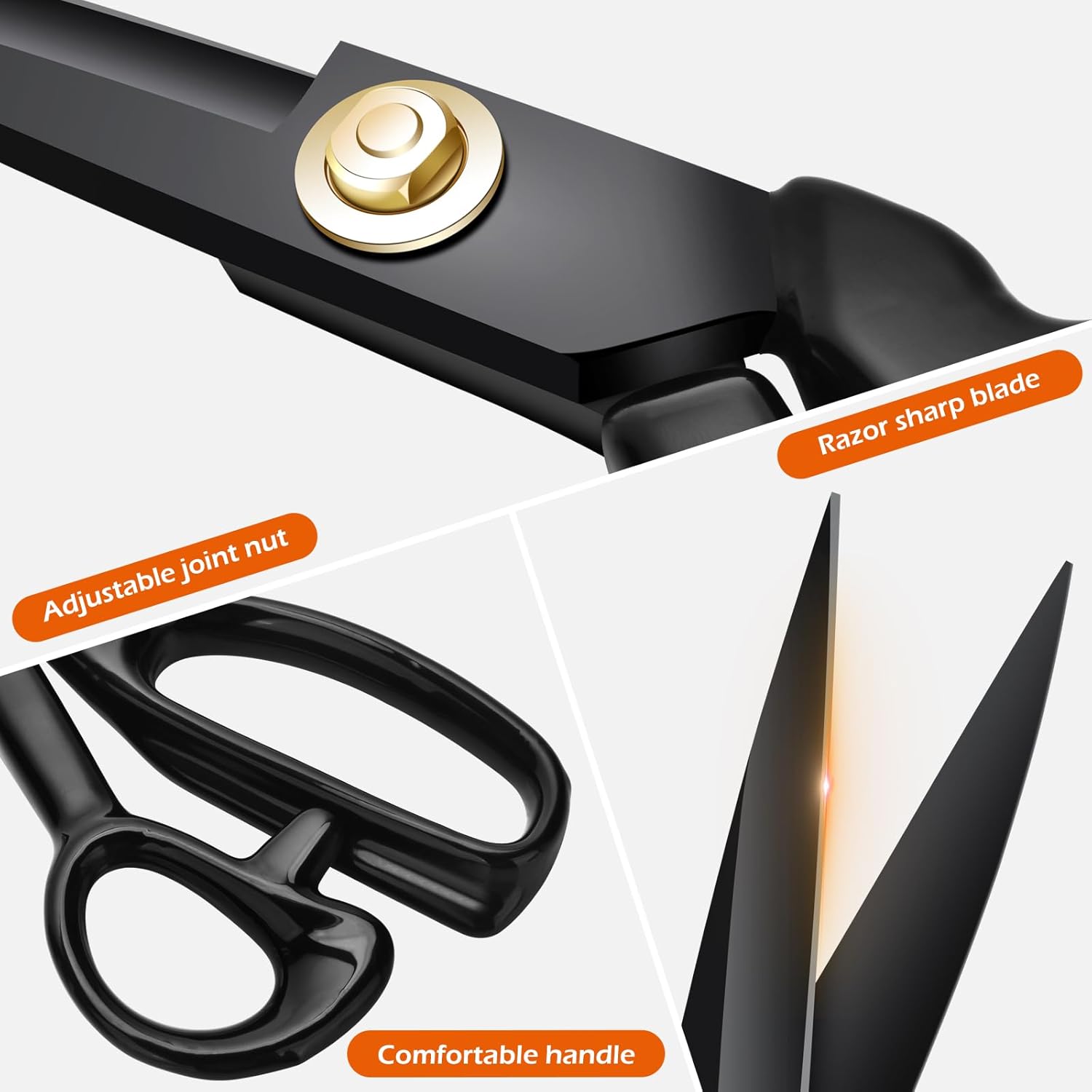 Highlights key features of the scissors to demonstrate quality and functionality.