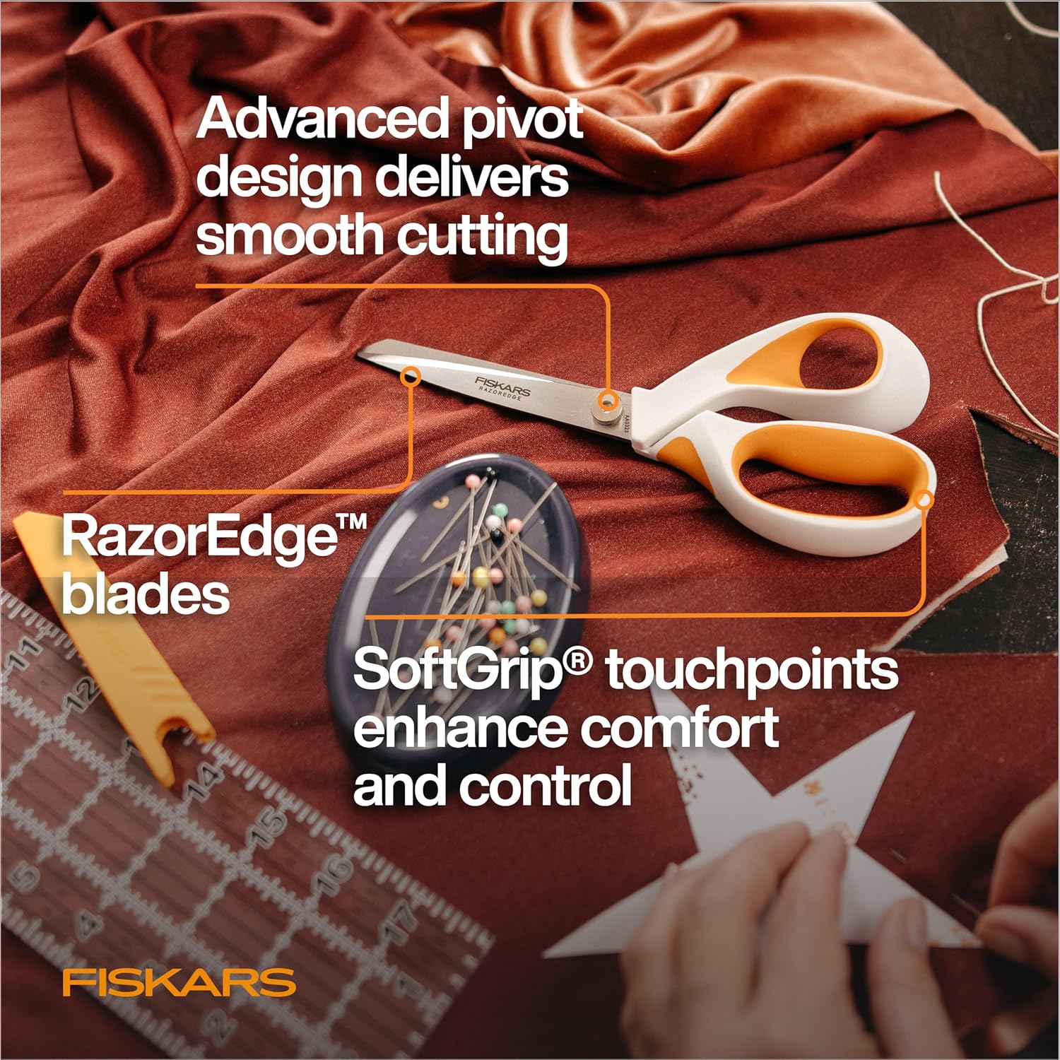 Highlights multiple key features of the scissors to demonstrate superior cutting performance and user comfort.