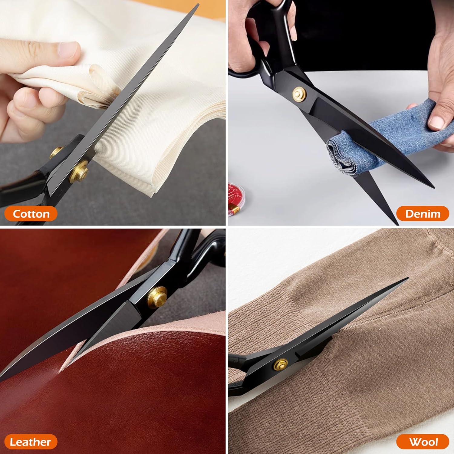 Demonstrates the versatility of the scissors by showing they can cut various materials including cotton, denim, leather, and wool.