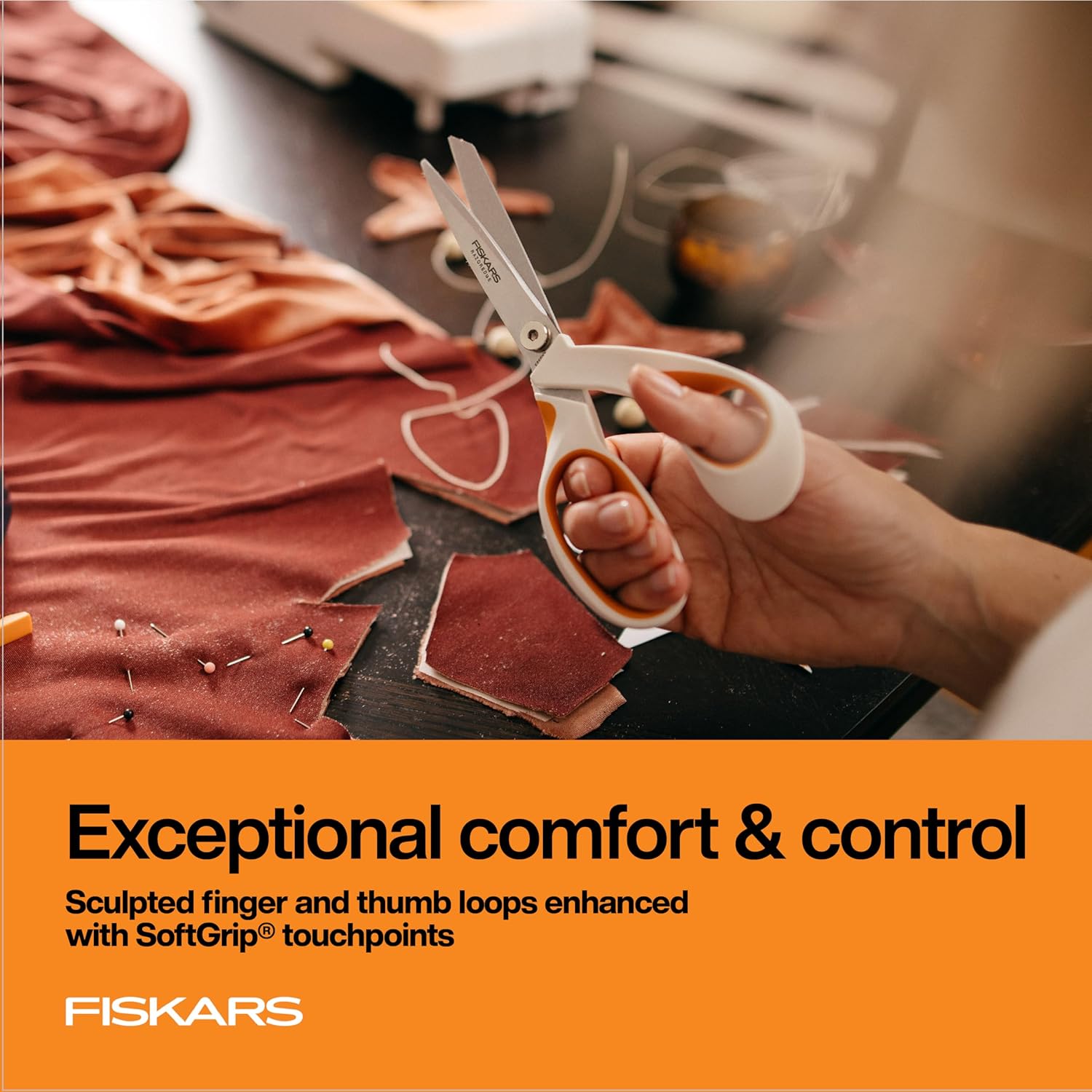Highlights the exceptional comfort and control of the scissors through their sculpted finger and thumb loops with SoftGrip touchpoints.